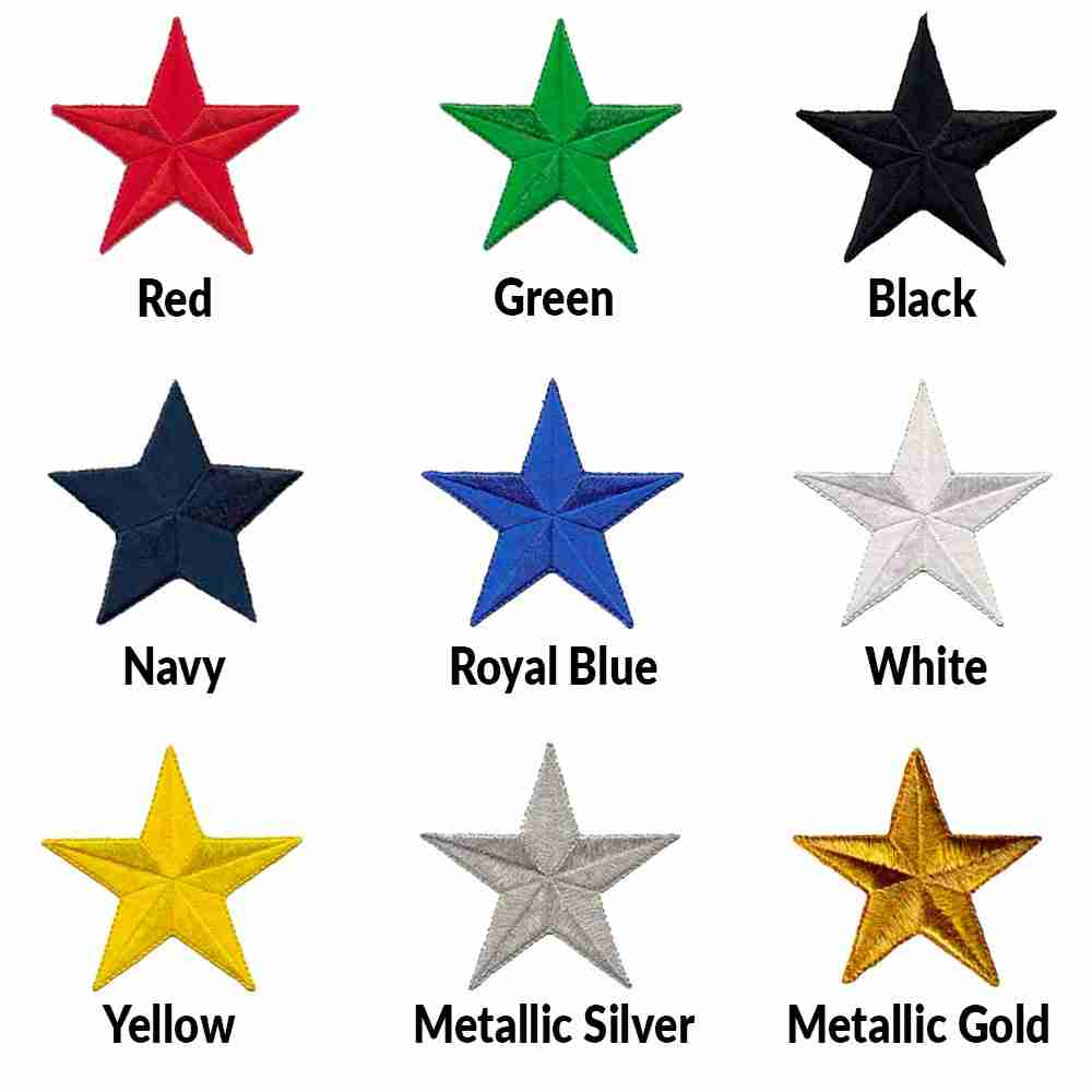 The different colors of 3 Inch Iron on Star Patches (5 Pack).
