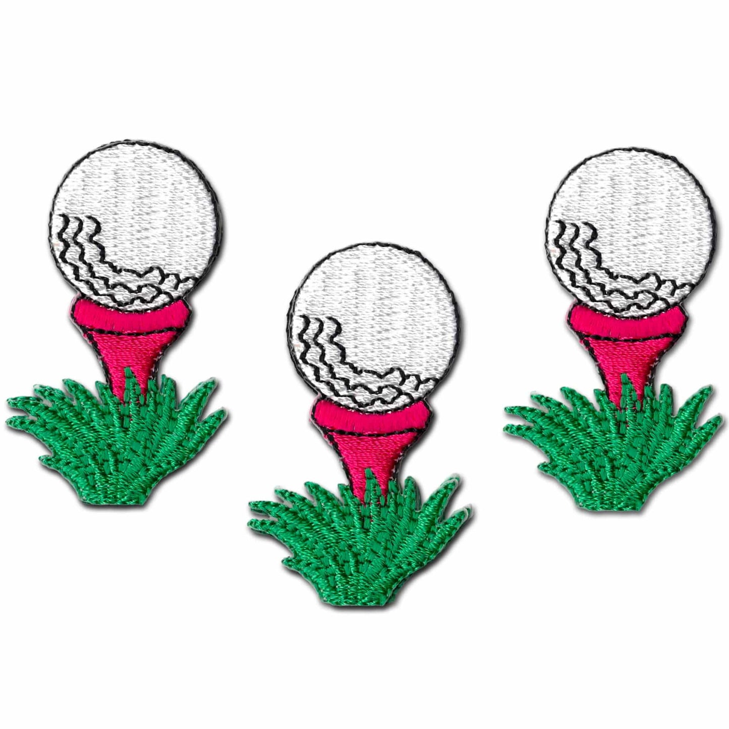 Three Golf Ball On Tee Patches (3-Pack) Golf Embroidered Iron On Patch Applique in multiple colors on green grass.