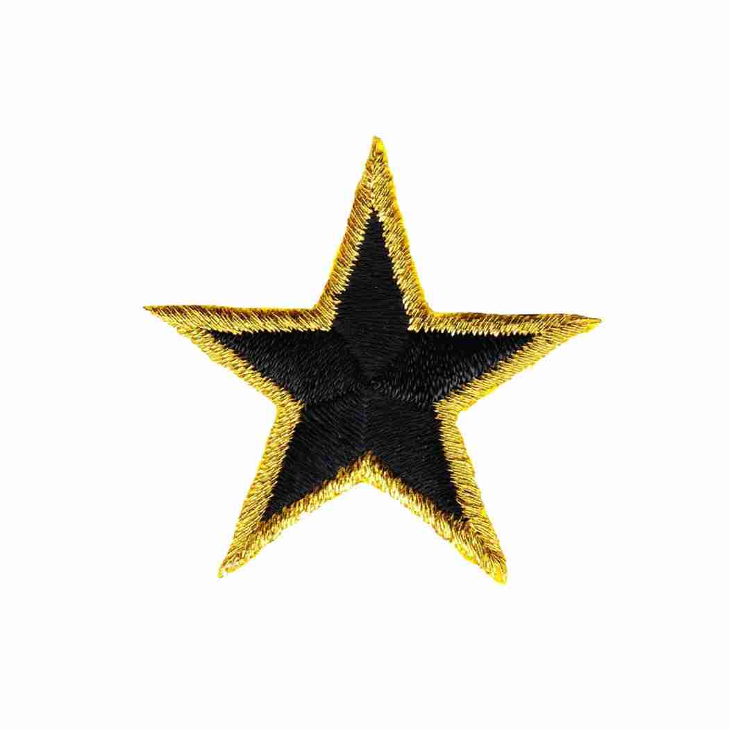 A black and gold Star Patches (10-Pack) Star Embroidered Iron On Patches Appliques - 1.5 Inch embroidered on a white background.
