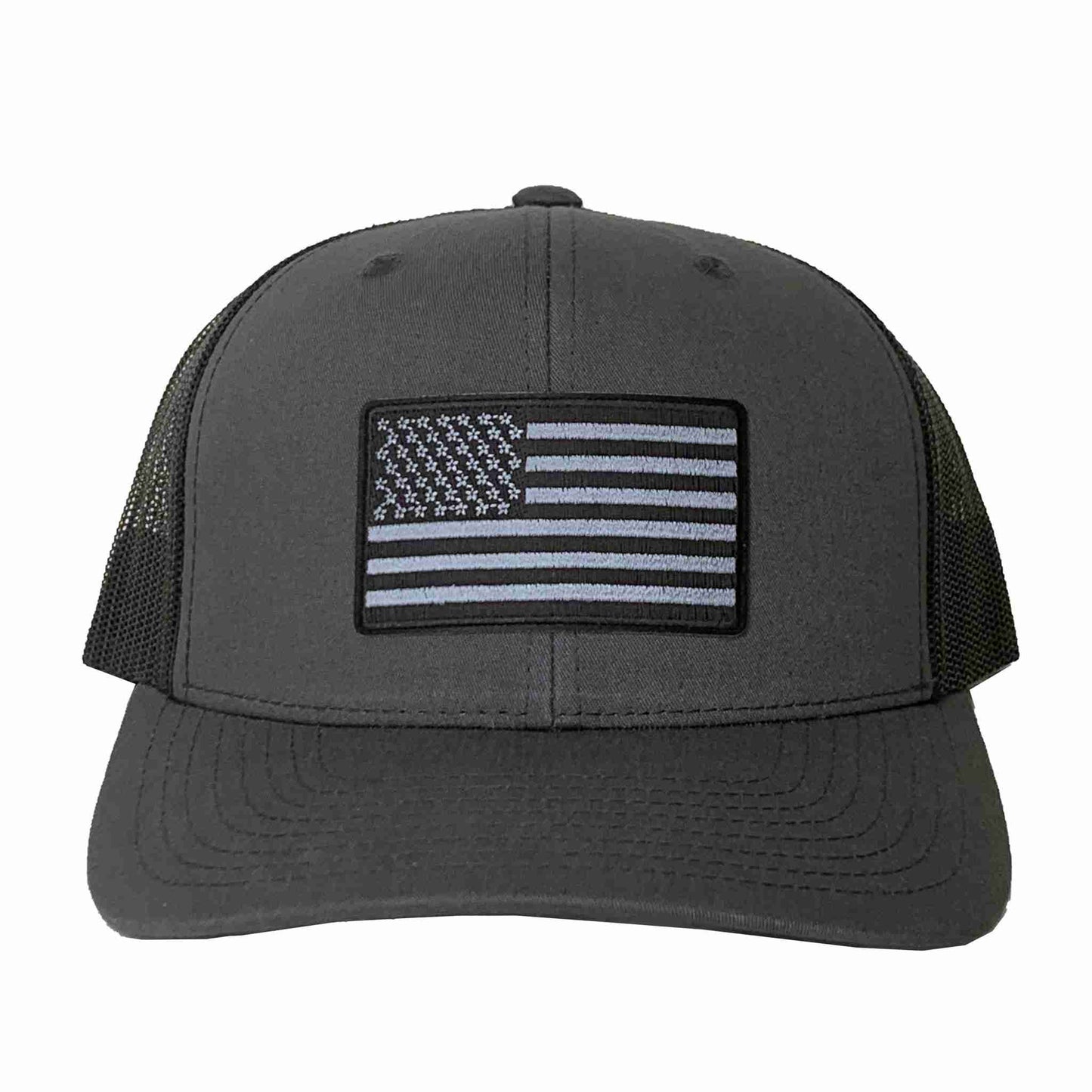 A black trucker hat with USA Flag Patches (2-Pack) American Flag Embroidered Iron On Patch Appliques on it.