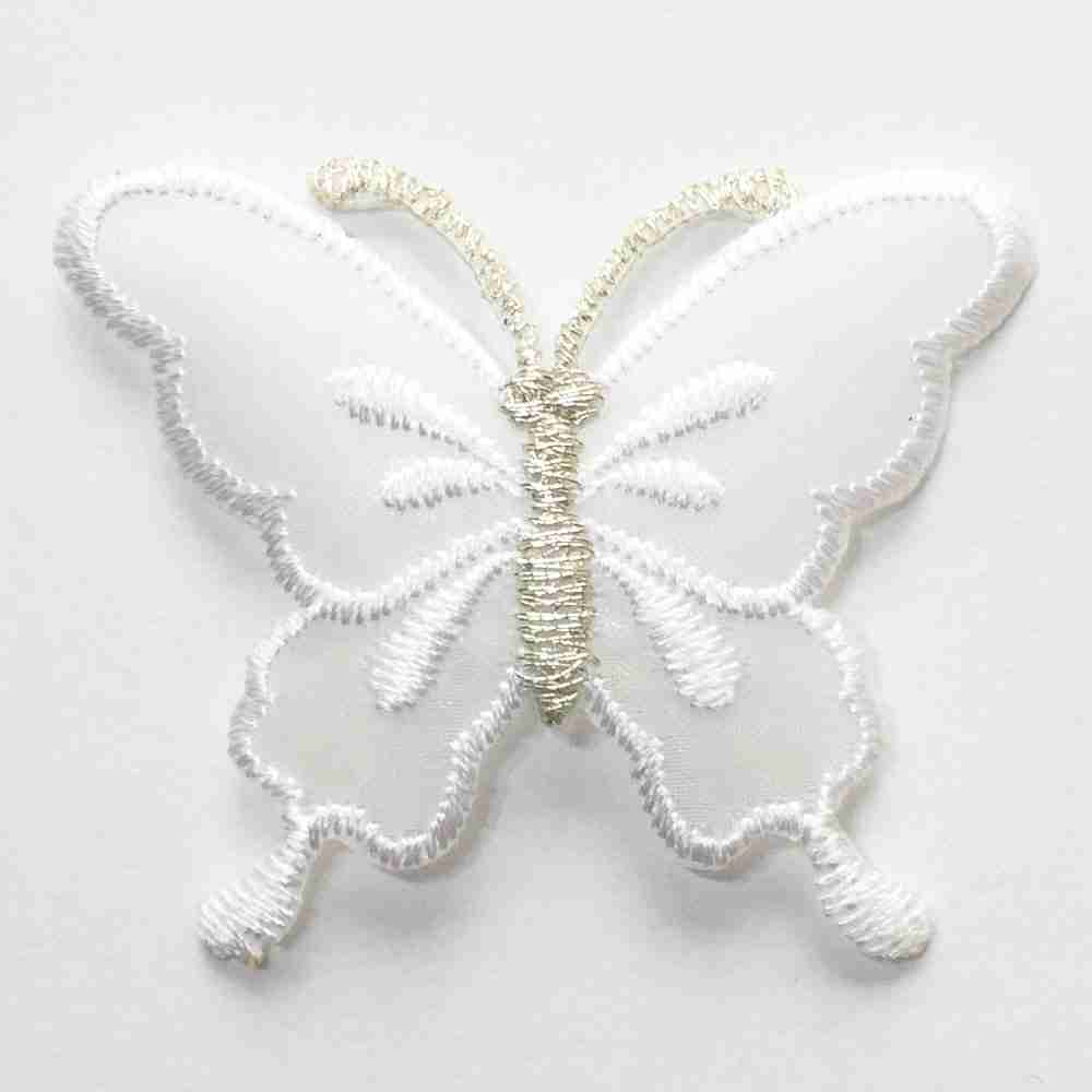 A White Chiffon Butterfly (2-Pack) Iron on Patch embroidered on a white surface.