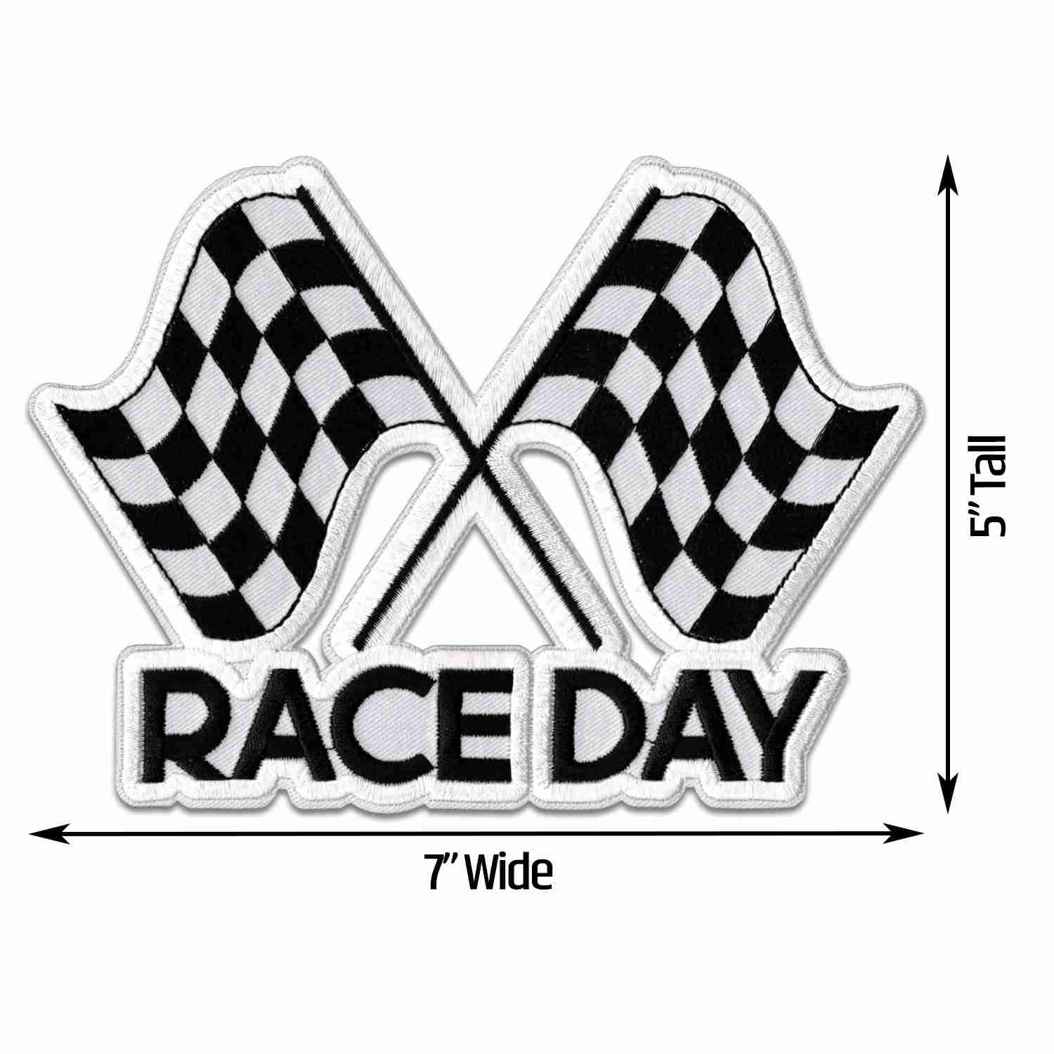 A Race Day Checkered Flag Iron on Patch with two checkered flags.