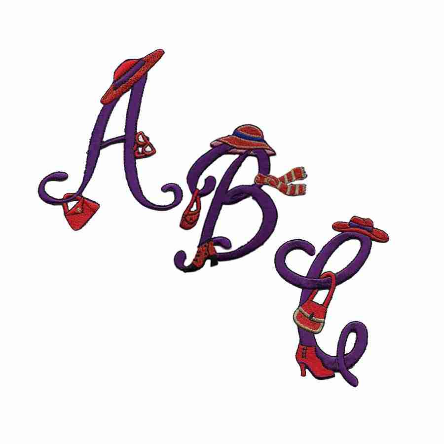 The Red Hat Lady Iron On Embroidered Script Letter Initials/Monograms - Sold Separately are a, b, c, d, e, f, g, h, i.