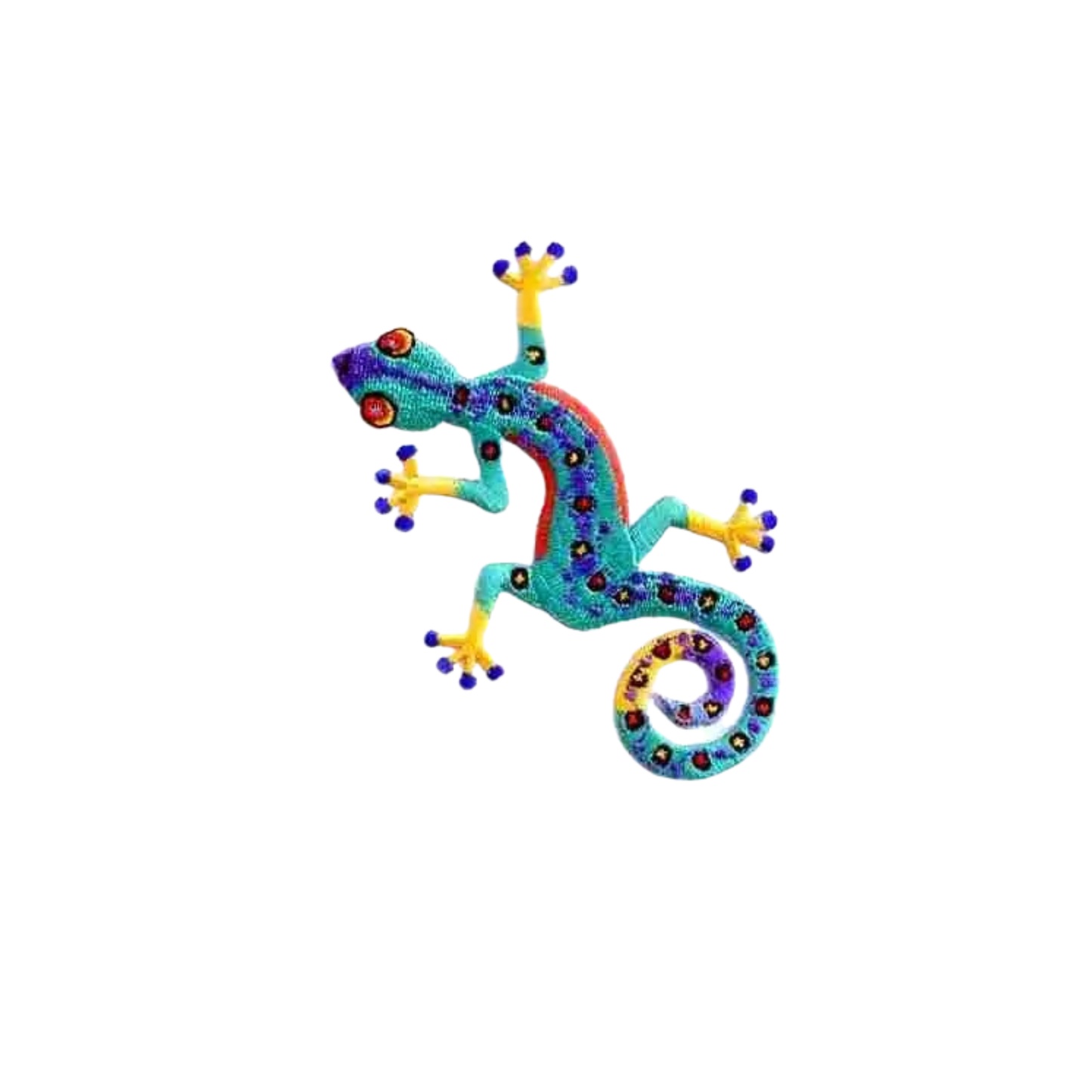 The Laughing Lizards Colorful Gecko (3-Pack) Iron On Patch features vibrant geckos with yellow feet, blue toes, and red and purple spots on white—perfect for adding a playful touch to your next project.