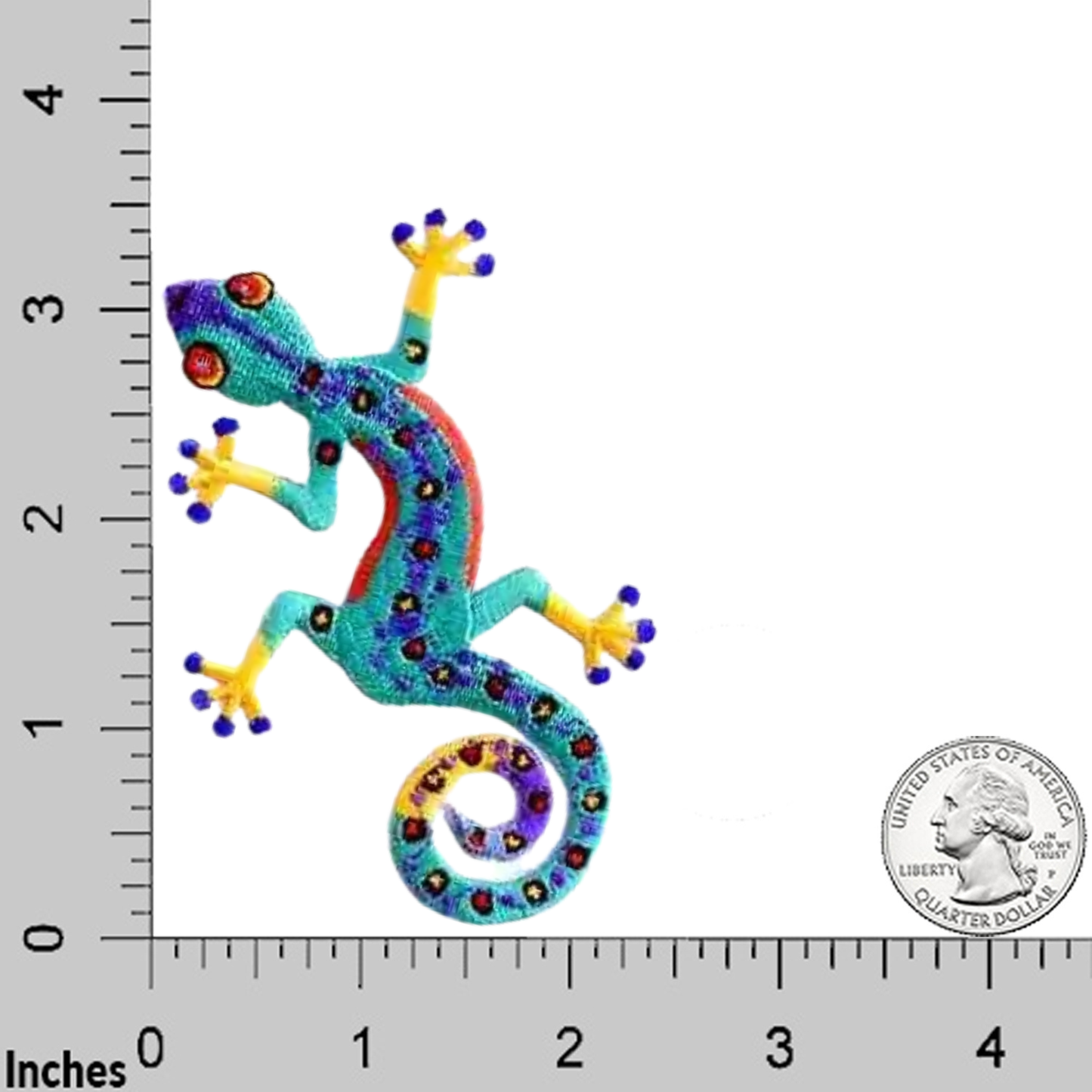 A Laughing Lizards Colorful Gecko (3-Pack) Iron On Patch is displayed on an inch grid, with a US quarter beside it for size comparison.