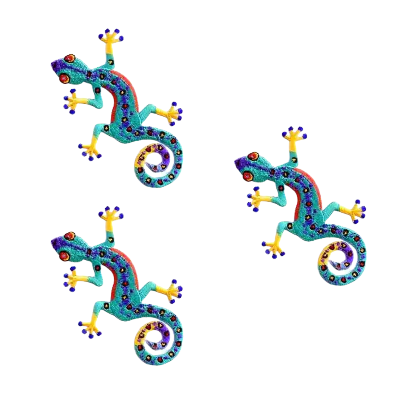 The Laughing Lizards Colorful Gecko (3-Pack) Iron On Patch features three vibrant geckos with blue bodies, yellow feet, and multicolored patterns on white—perfect for adding a unique touch to your gear.