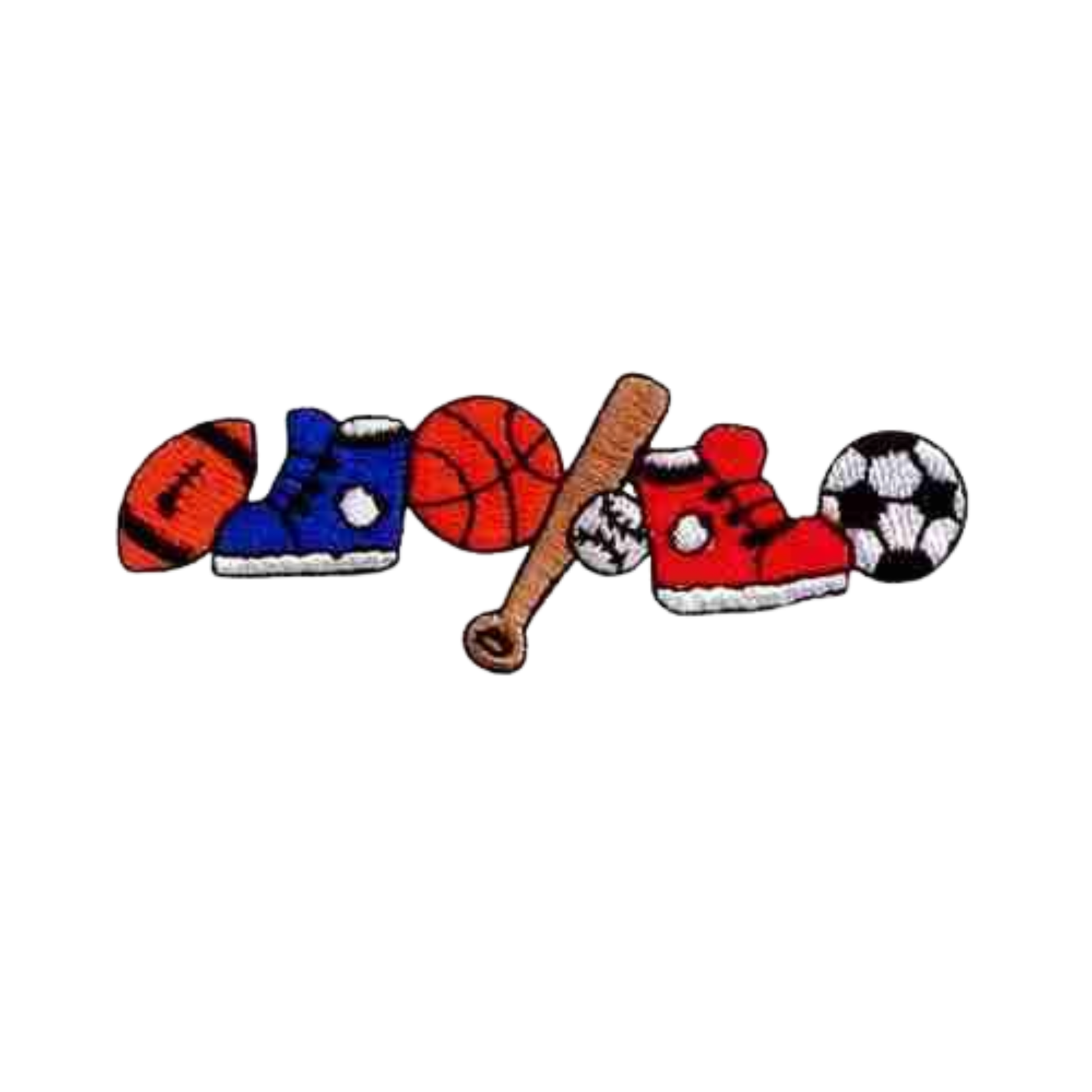 The Laughing Lizards Chain of Sports Equipment (3-Pack) Iron On Patch features football, sneakers, basketball, bat, baseball, and soccer ball designs displayed on a white background.