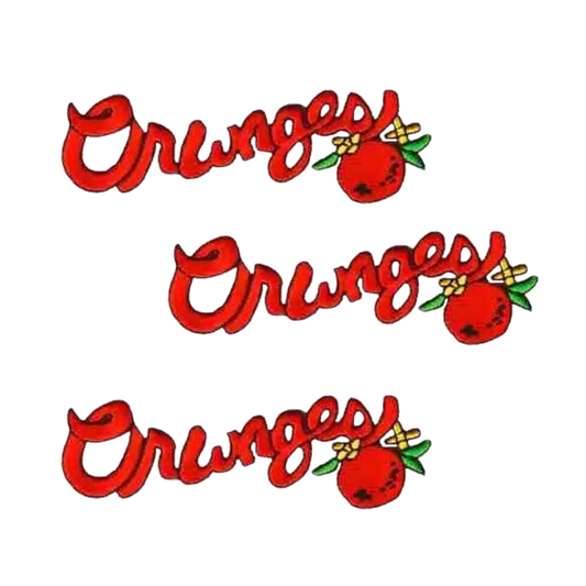 The Oranges Script (3-Pack) Iron On Fruit Patch by LaughingLizards features “Oranges” in red cursive three times, each with a red pomegranate, leaves, and a yellow flower—great for playful DIY crafts or accessorizing.