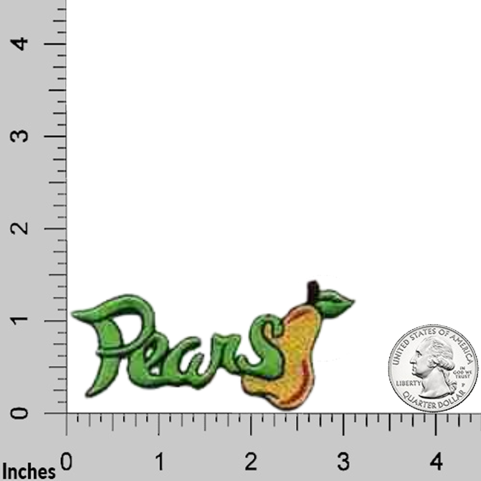 The LaughingLizards Pears Script Fruit (3-Pack) Iron On Patch features an embroidered pear and "Pears" script, shown next to a US quarter and inch ruler for size reference.