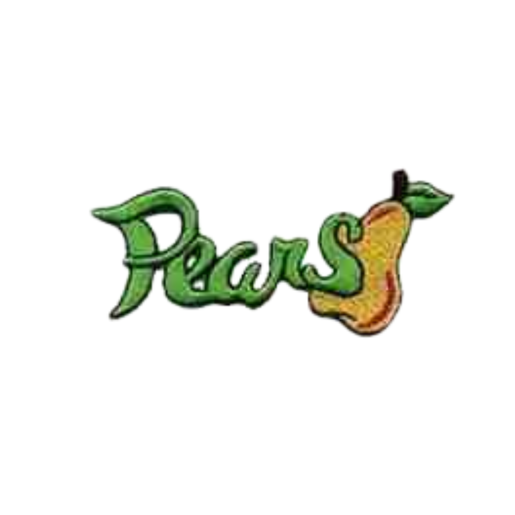 The LaughingLizards Pears Script Fruit (3-Pack) Iron On Patch features "Pears" in green text, with the 's' shaped like a yellow pear—ideal for a creative fruit applique or patch design.