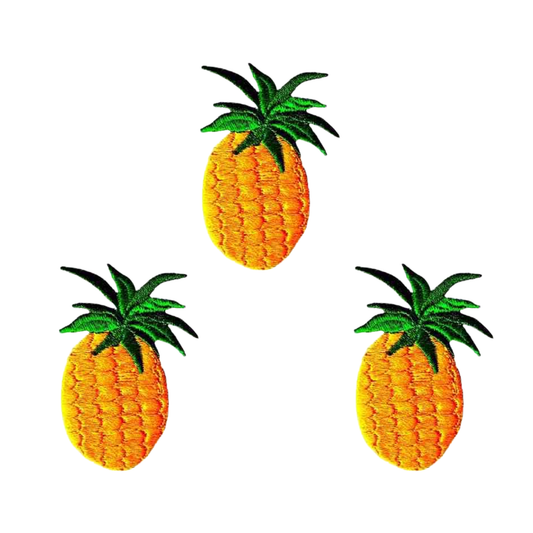 The LaughingLizards Pineapple (3-Pack) Iron On Fruit Patch features three embroidered pineapples with green tops on a white background—perfect as DIY craft accessories or for adding a creative touch to your projects.