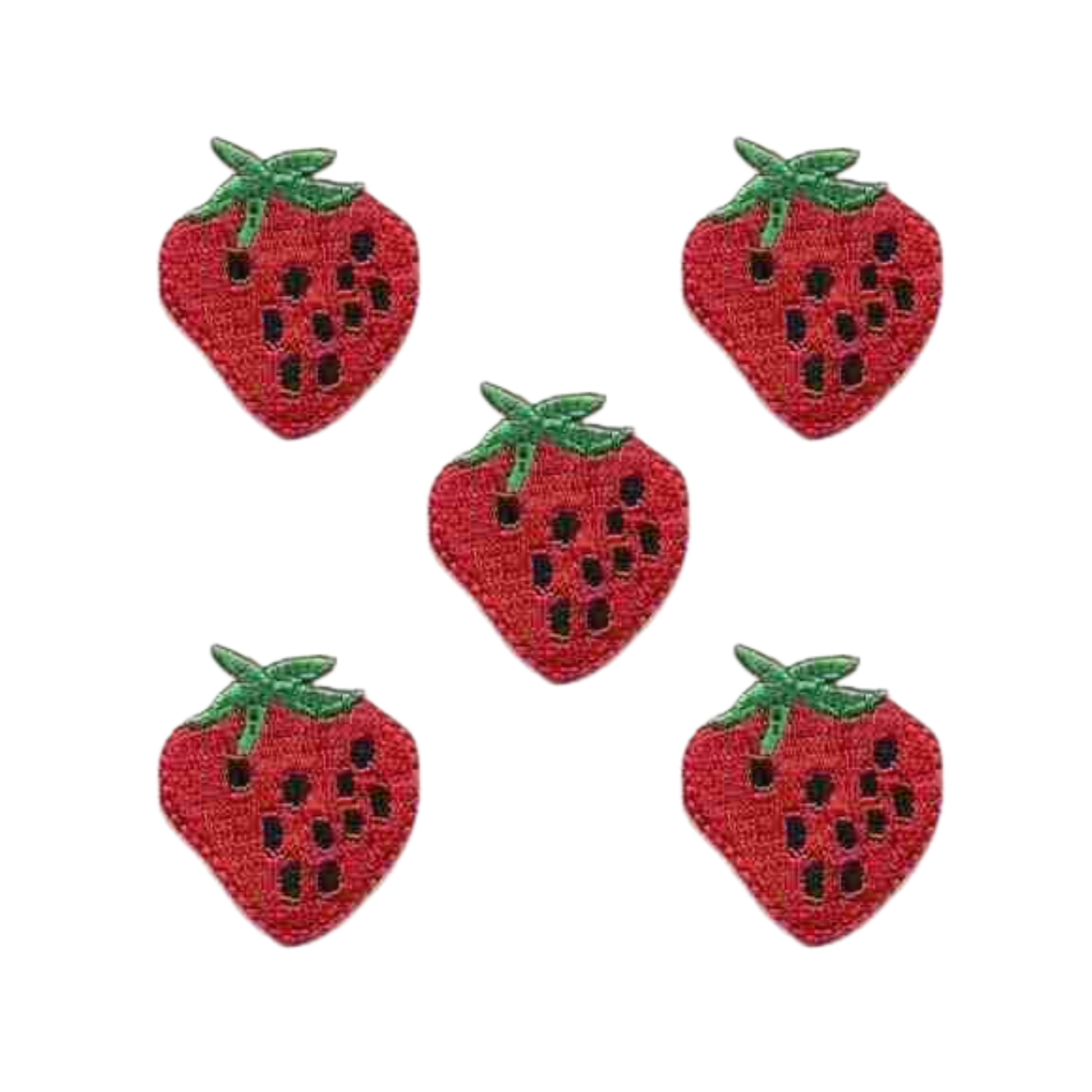 Add a fun touch with Laughing Lizards’ Strawberry (5-Pack) Iron On Patch—medium-sized embroidered strawberry patches, perfect for DIY crafts or as cute accents on clothes and accessories.