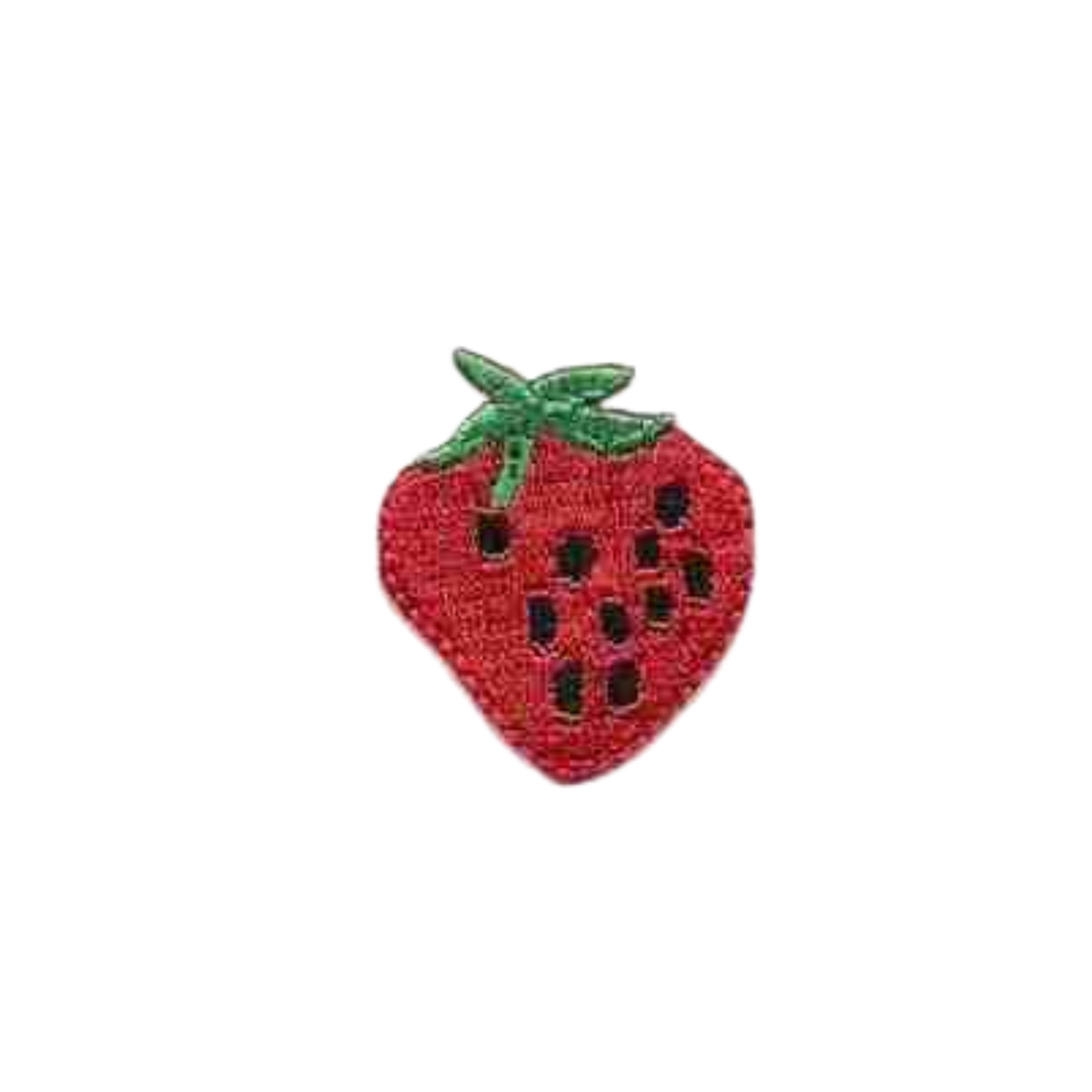 Laughing Lizards’ Strawberry (5-Pack) Iron On Patches feature red embroidery with green leaves and black seeds, perfect for DIY personalization of clothing, bags, or accessories. Medium size.
