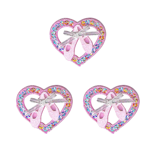 The Laughing Lizards Ballet Toe Shoes in Sequined Heart (3-Pack) Iron On Patch features glittery ballet shoes, silver bows, and sparkling borders on white—ideal for adding charm to any outfit or accessory.