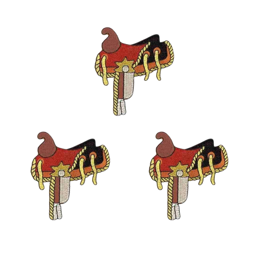 Illustration of three Laughing Lizards Metallic Thread Western Saddle iron-on patches, identical in red and brown with yellow details, arranged in a triangle on a white background. 3-pack set.