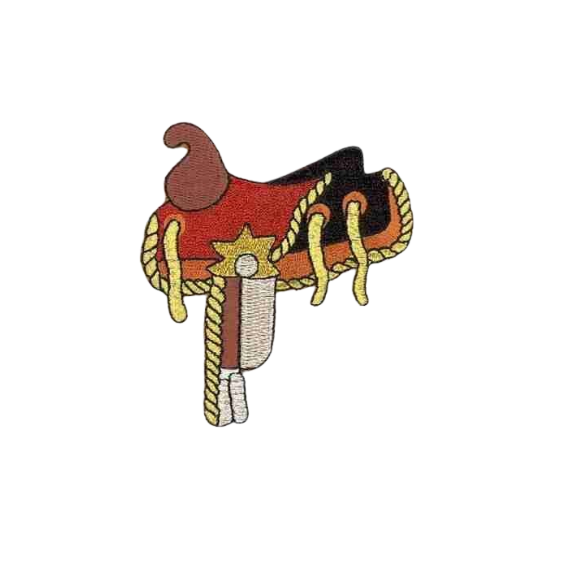 The Laughing Lizards Metallic Thread Western Saddle Iron on Patch (3-Pack) features a brown and red saddle with yellow rope details and a stirrup, resembling a classic western saddle, on a white background.