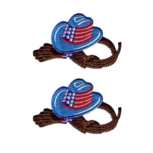 The Laughing Lizards Cowboy Hat with Rope and Gloves Western Iron on Patch (2-Pack) features a patriotic blue cowboy hat with an American flag pattern, coiled brown rope, and gloves—perfect for adding a Western touch to any fabric.