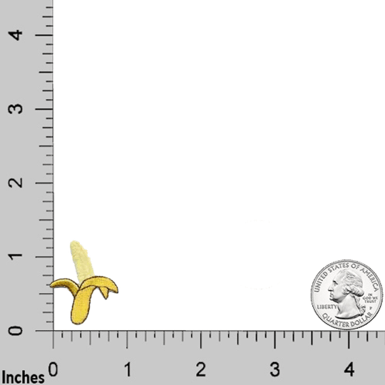 A LaughingLizards Small Banana Fruit Embroidered Iron On Patch from the 5-pack is shown next to a U.S. quarter on a white background, with inch measurements visible along the left and bottom edges.