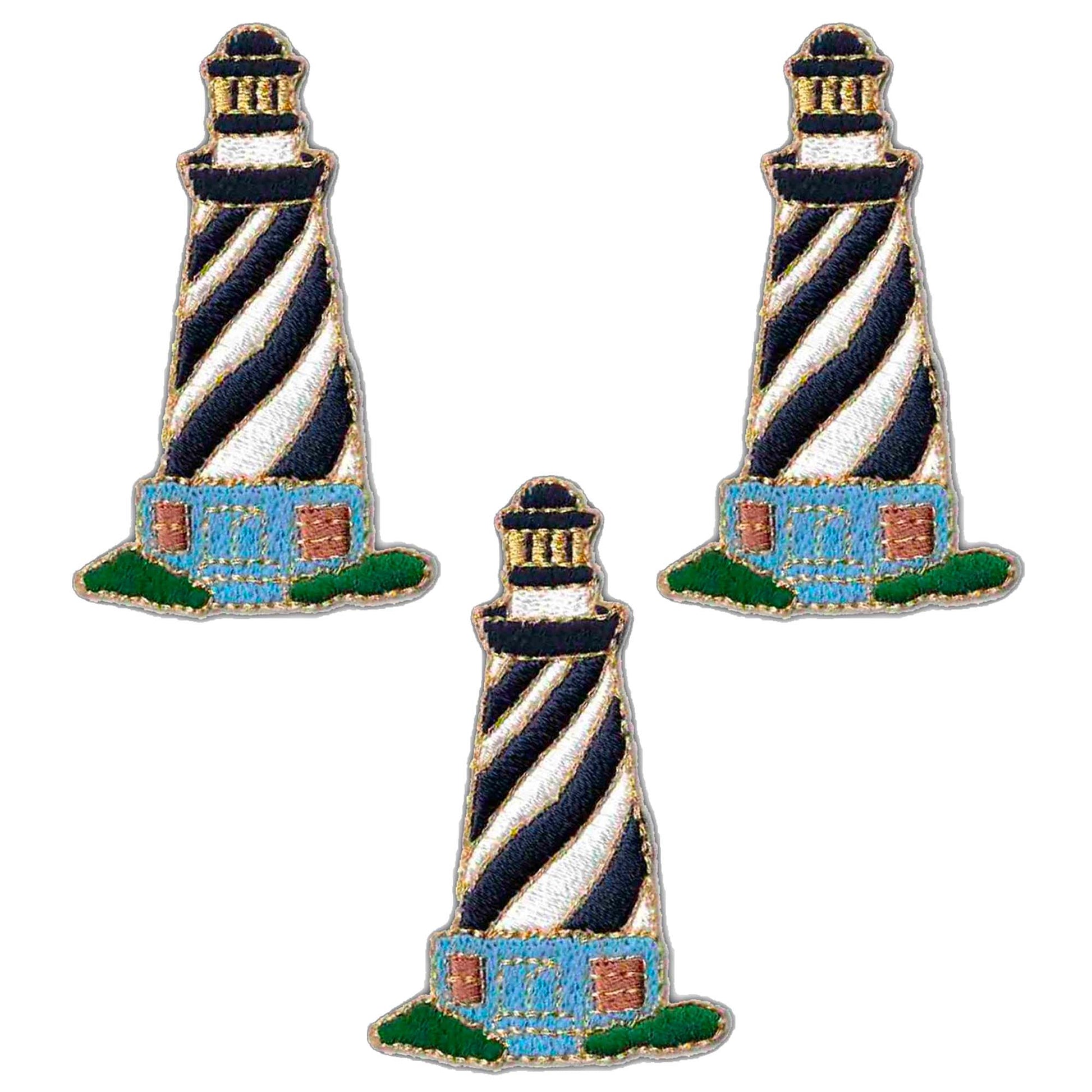 Three Lighthouse Patches (3-Pack) Lighthouse Embroidered Iron on Patch Appliques on a white background.