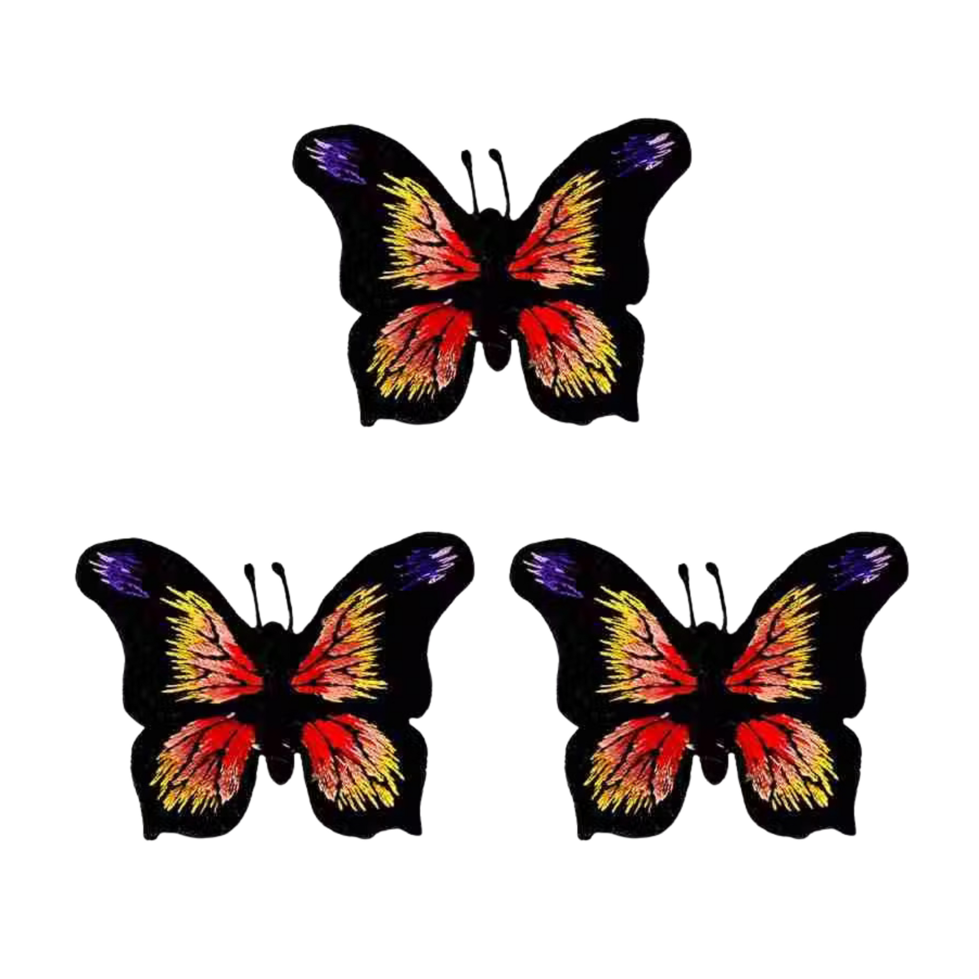 Three LaughingLizards Black, Yellow & Orange Butterfly Iron On Patches (3 Pack) are displayed in a triangular arrangement on a white background.