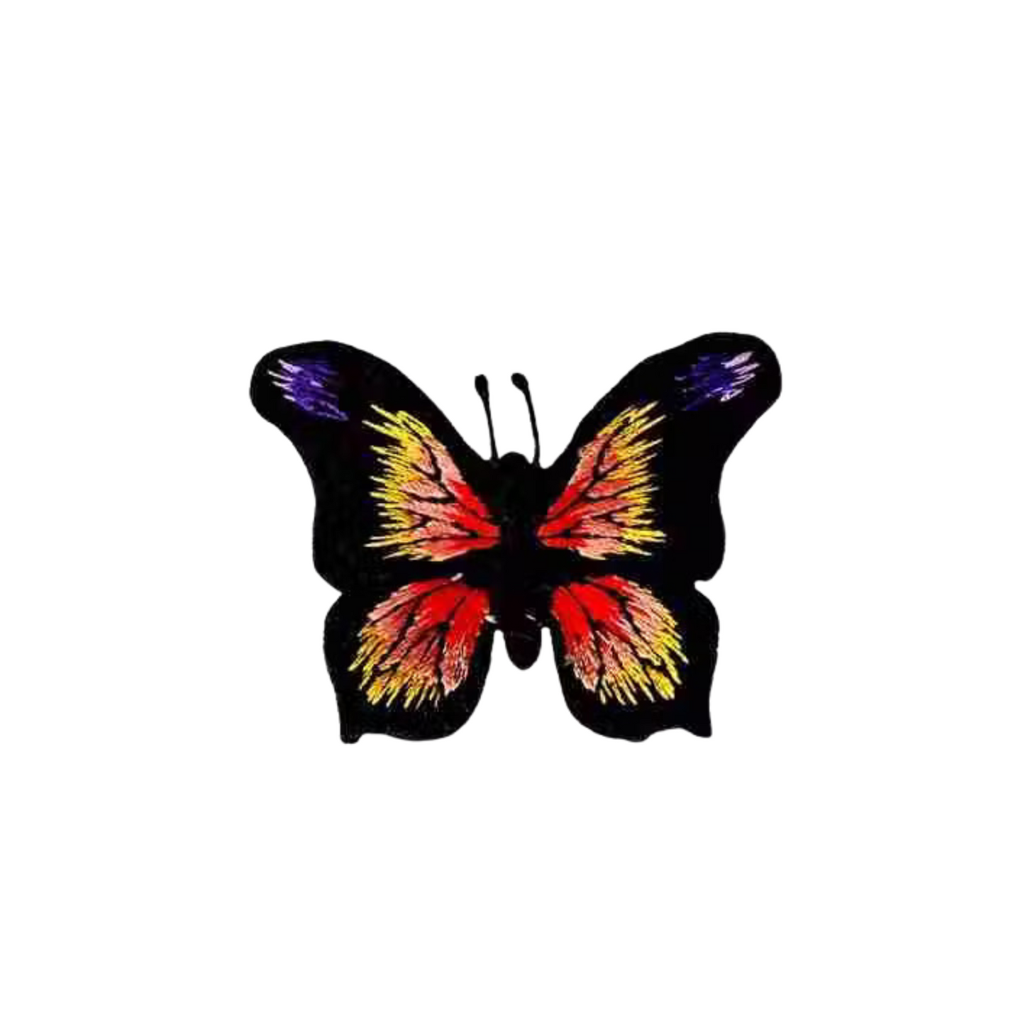 The LaughingLizards Black, Yellow & Orange Butterfly Iron On Patch (3 Pack) features striking butterfly designs displayed against a white background.