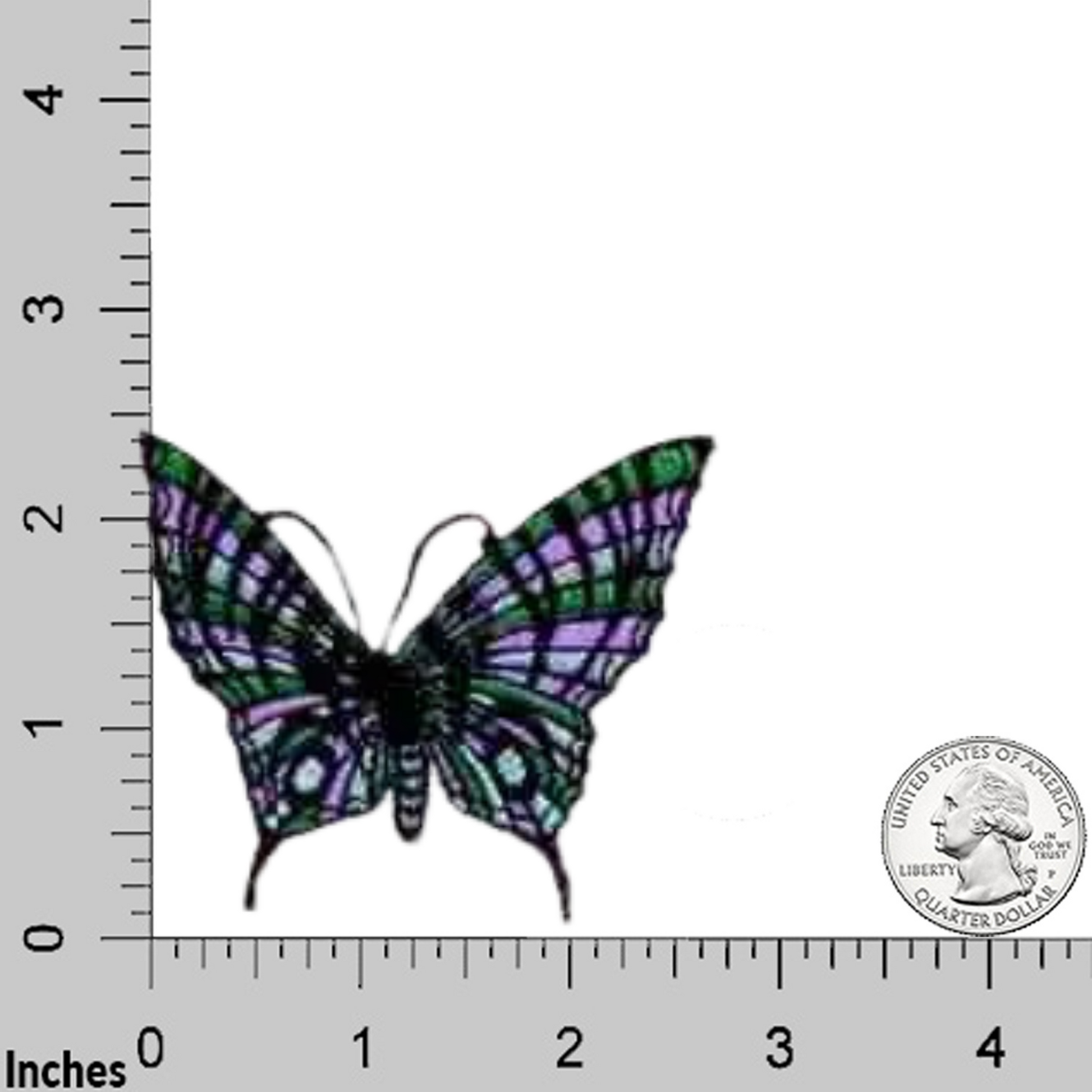 The Laughing Lizards Cool Colors Embroidered Butterfly (3-Pack) Iron On Patch, with purple and green wings, is shown next to a U.S. quarter and inch scale for size reference—ideal for decorating clothing accessories.