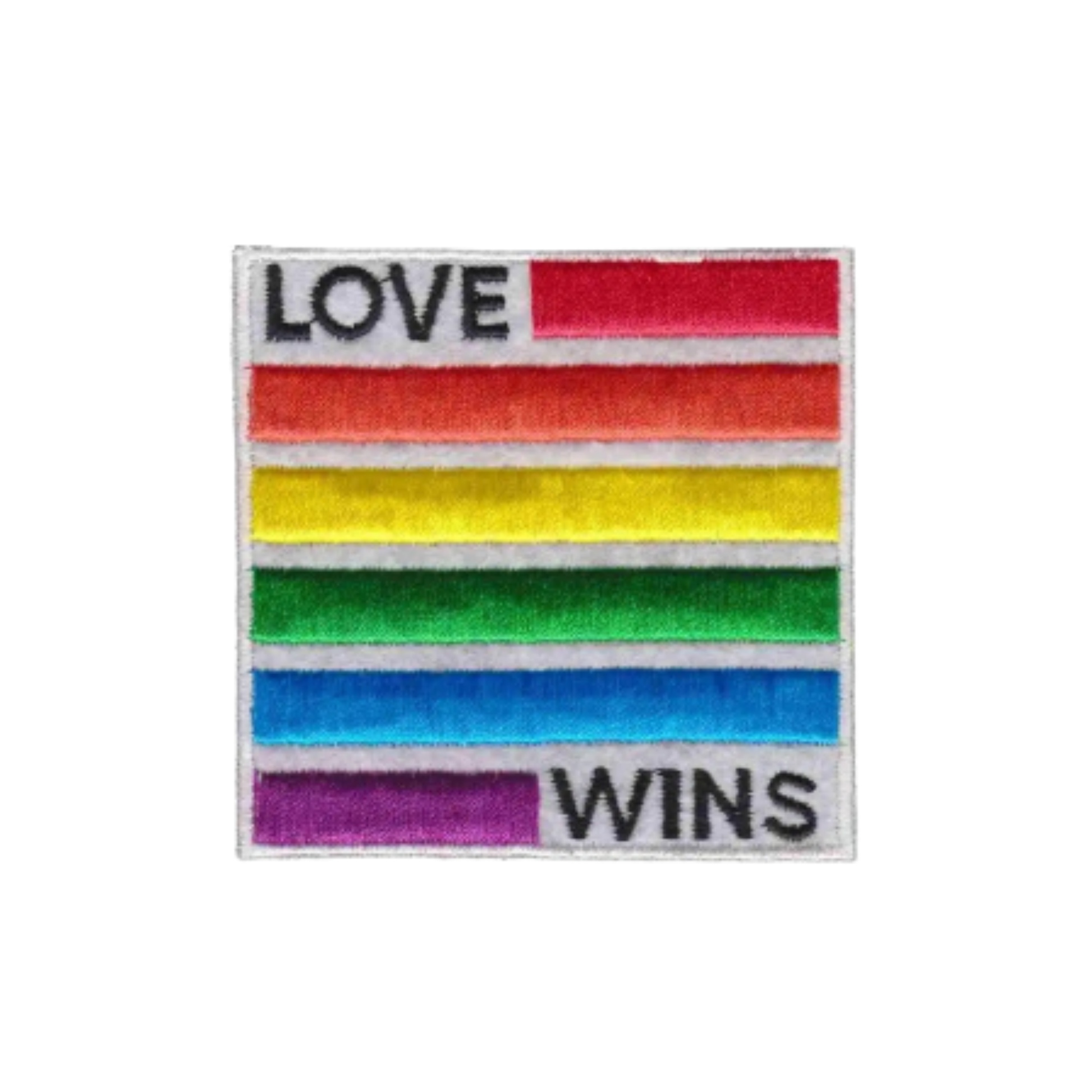 Celebrate equality with Laughing Lizards’ Love Wins Equality (2-Pack) Iron On Patch—a square LGBTQ pride patch featuring horizontal rainbow stripes and bold “LOVE WINS” text in black at the top and bottom.