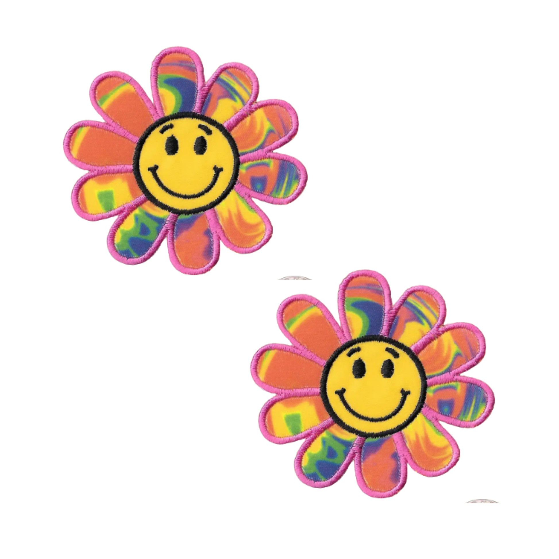 The Laughing Lizards Happy Face Rainbow Daisy (2-Pack) Embroidered Flower Iron On Patch features daisy-shaped patches with smiley faces and colorful psychedelic petals—perfect for decorating jackets or bags.