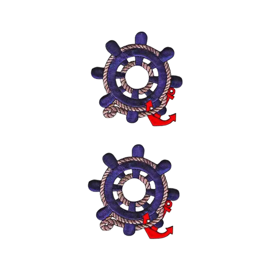 Two Laughing Lizards Navy Blue Ship's Wheel with Anchor Nautical (2-Pack) Iron On Patches are arranged vertically on a white background.