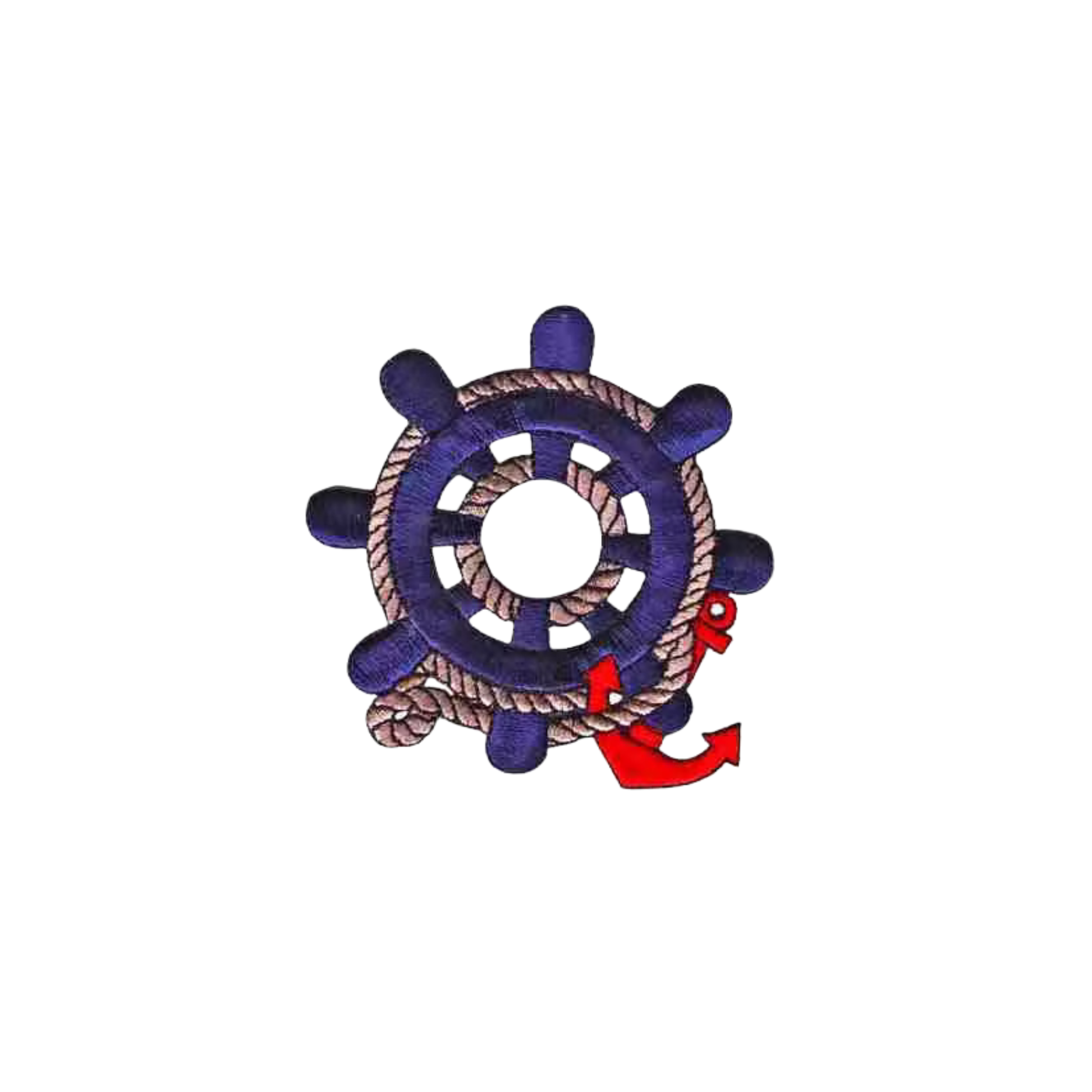 The Laughing Lizards Navy Blue Ship's Wheel with Anchor Nautical (2-Pack) Iron On Patch features a classic blue wheel wrapped with tan rope and a red anchor—perfect for adding maritime style to your projects.