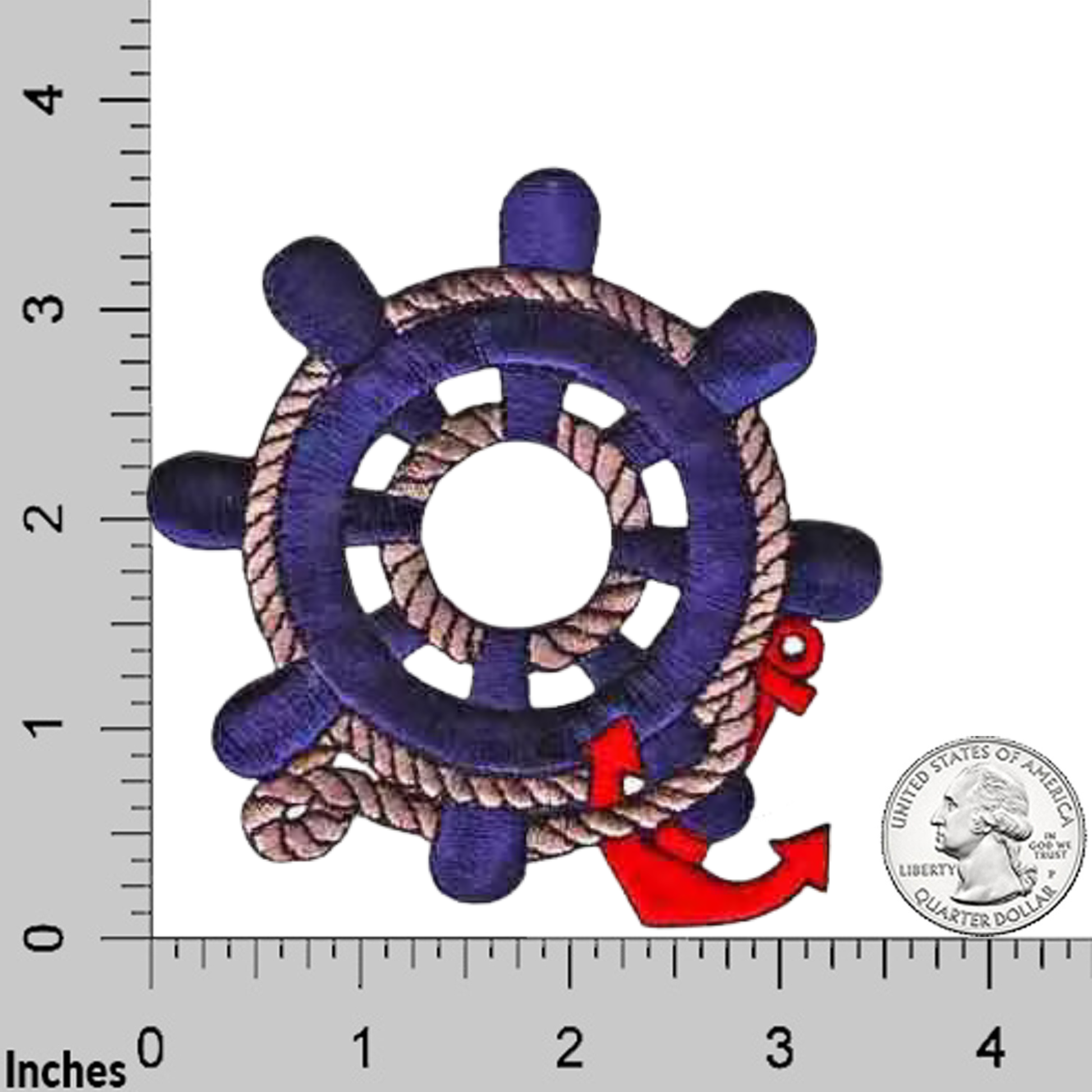 The Laughing Lizards Navy Blue Ship's Wheel with Anchor Nautical Iron On Patch (2-Pack) features a bold design and is shown beside a ruler and US quarter for scale.