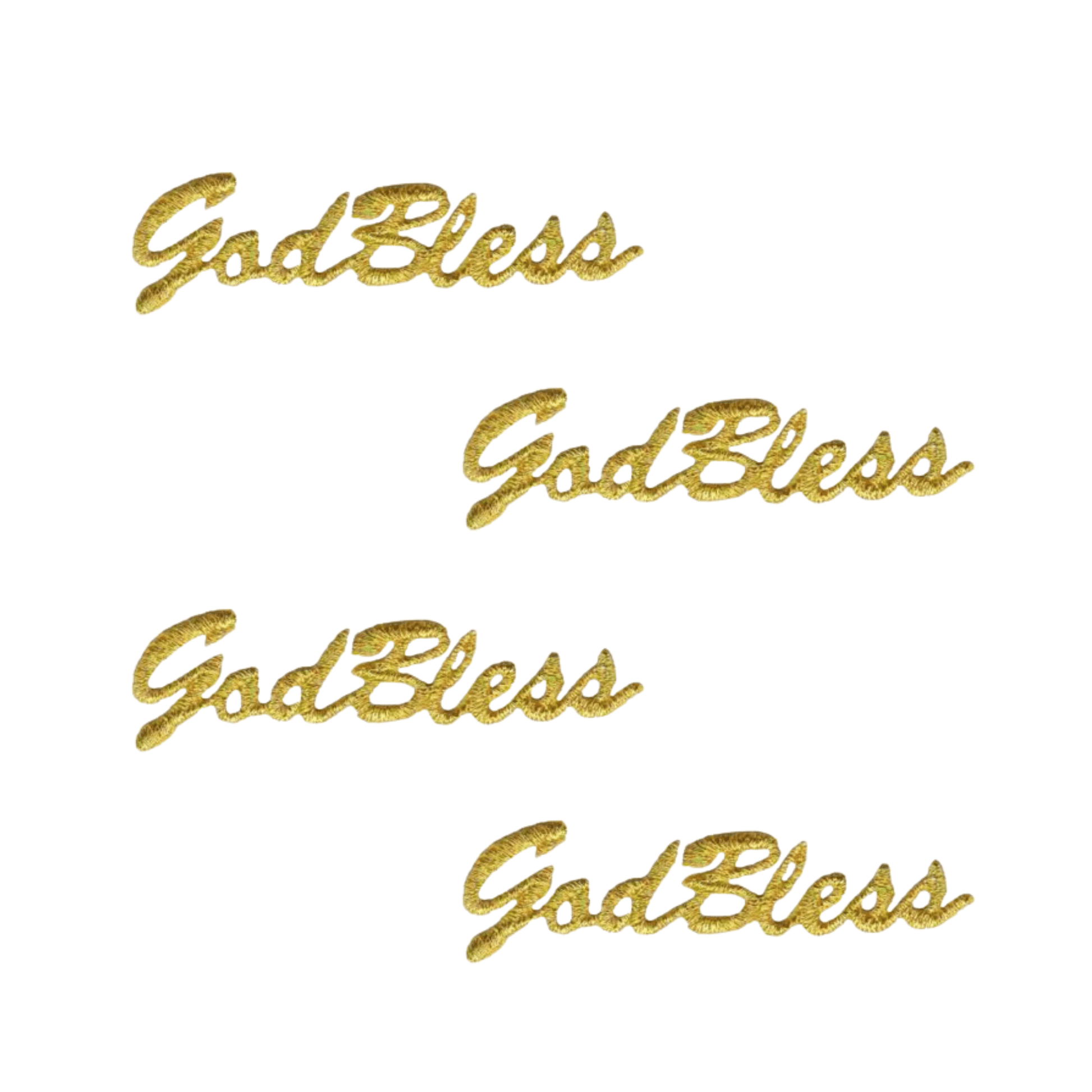Four Laughing Lizards "God Bless in Metallic Gold" iron-on patches (4-pack) are arranged diagonally on a white background.