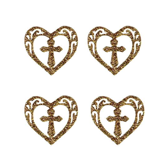 Gold Glitter Cross in Heart (4-Pack) Iron On Patch