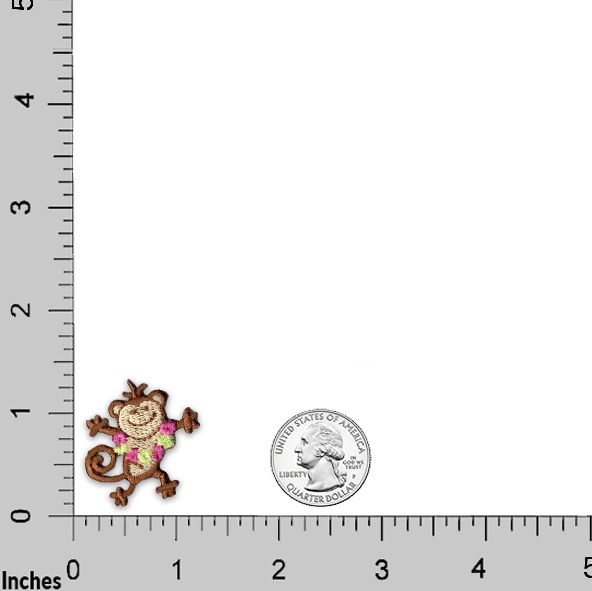 A Curious Zebra in Grass Embroidered Iron On Patch with a monkey on it next to a ruler.