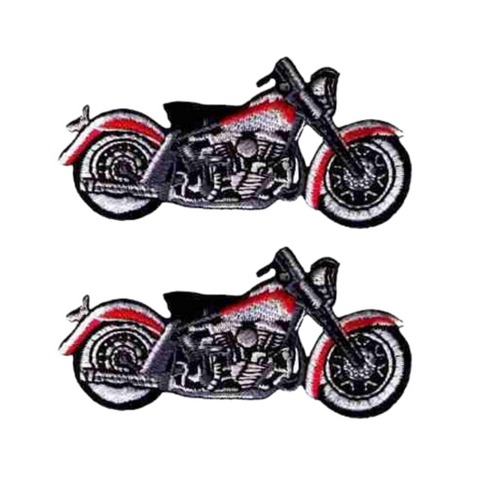 Two Red & Grey Motorcycle Iron On Biker's Patches by LaughingLizards (2-Pack) are shown side by side on a white background.