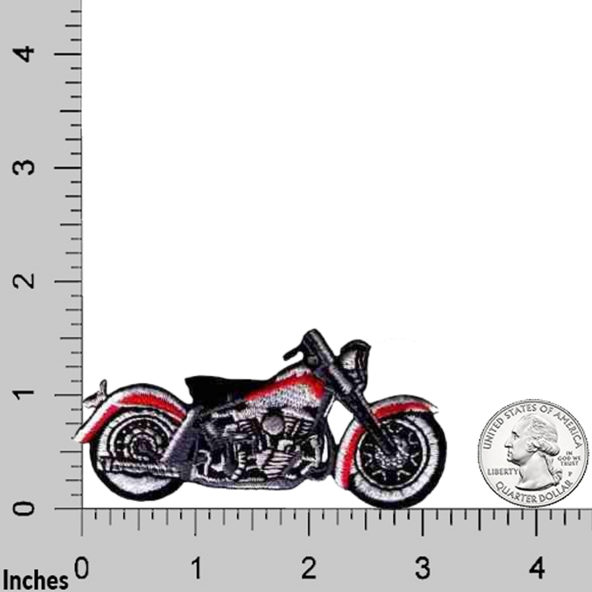 The LaughingLizards Red & Grey Motorcycle (2-Pack) Iron On Biker's Patch, shown next to a ruler and U.S. quarter for scale, measures about 2 inches wide.
