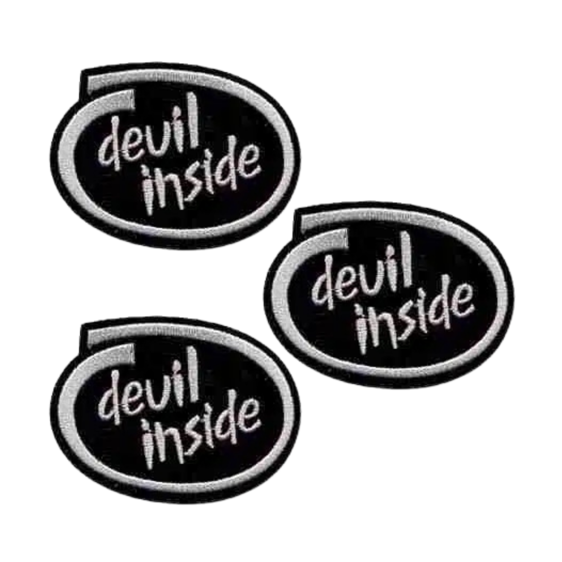 The Laughing Lizards Devil Inside (3-Pack) Iron On Patch features black oval embroidered patches with a white border and stylized "devil inside" text, perfect for adding bold style to jackets, bags, or hats.