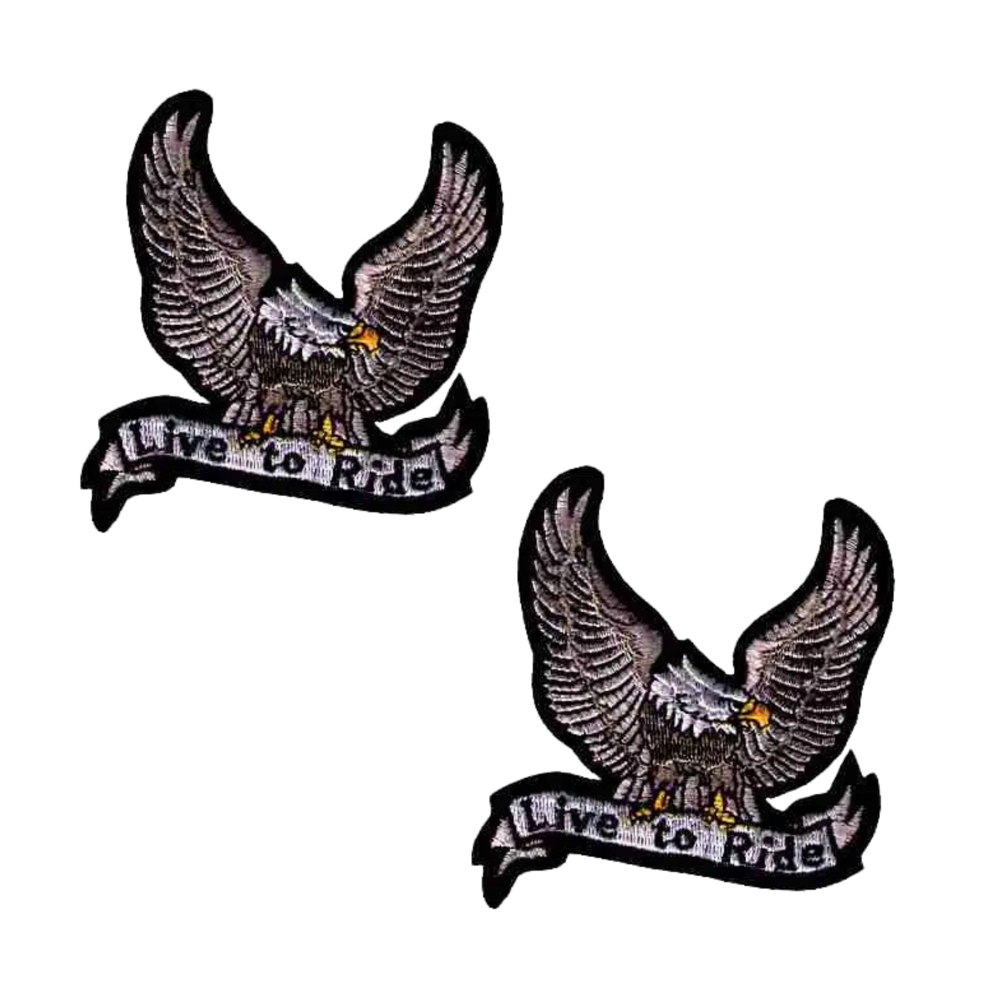 The LaughingLizards Silver Live to Ride Eagle Biker Iron On Patch (2-Pack) features embroidered eagles with banners, perfect for Harley-Davidson fans to easily add to jackets or vests.