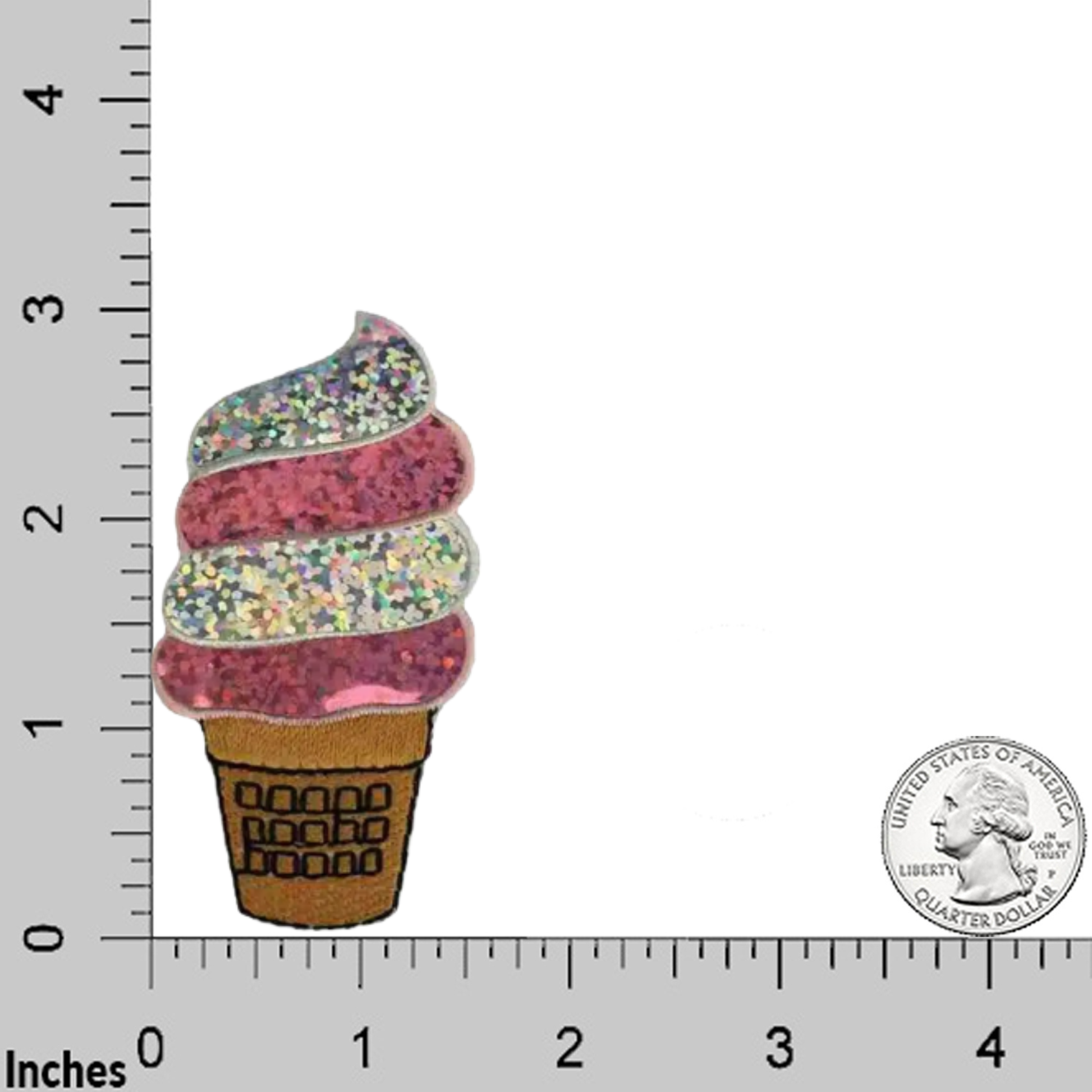 The LaughingLizards Sparkling Ice Cream Cone (3-Pack) Iron On Patch features a colorful embroidered design with sprinkles, measuring about 2 inches tall and shown next to a ruler and U.S. quarter for scale.
