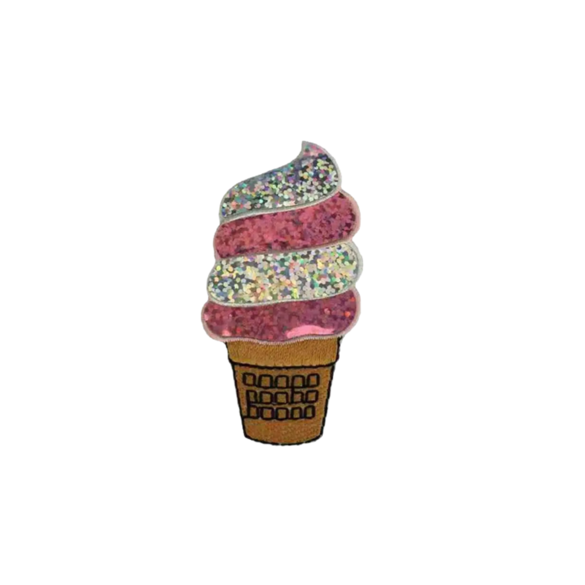 Add sparkle to your projects with LaughingLizards' Sparkling Ice Cream Cone (3-Pack) Iron On Patch—features a pink swirl in a brown cone with sprinkles on a white background, perfect for fun applique or as an embroidered patch.