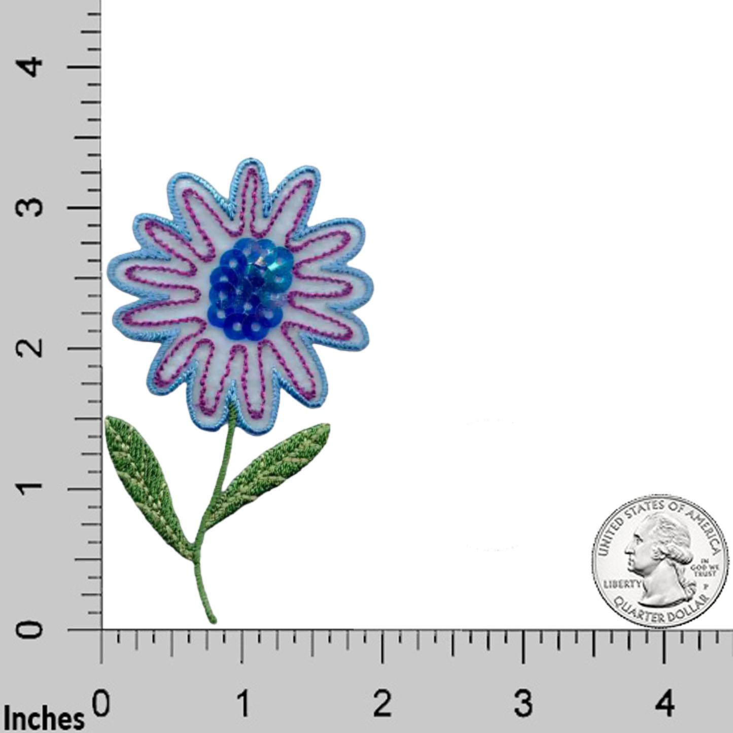 The Laughing Lizards Sequin Flower Iron On Patch (2-Pack) features blue/purple petals and green leaves. Shown next to a U.S. quarter and ruler, the patches are about 2 inches tall—great for decorating kids' clothing.