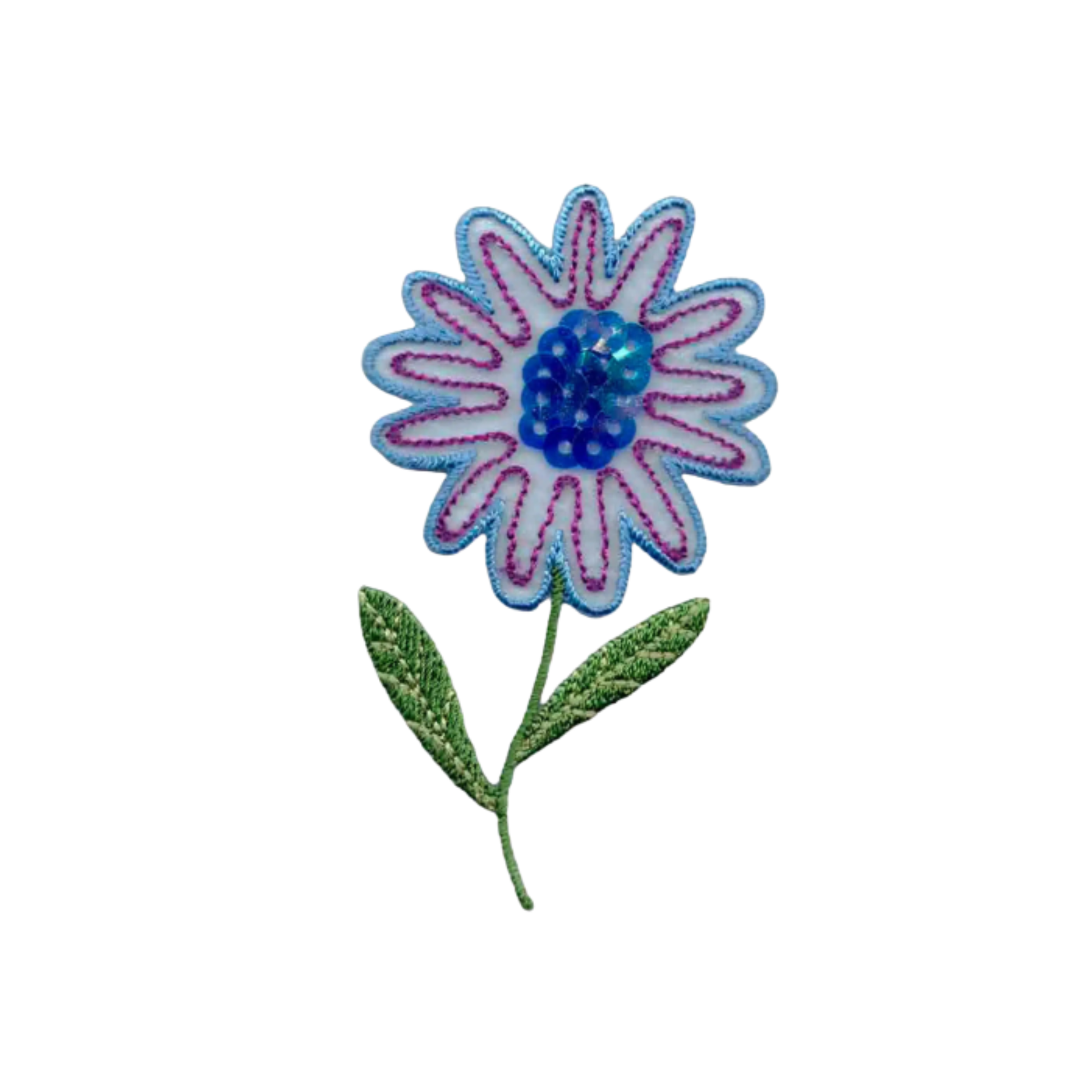 Laughing Lizards Sequin Flower (2-Pack) Iron On Patch in Blue/Purple features embroidered blue flowers with pink stitching, blue beads, and green leaves on white—ideal for decorating kids' clothing.