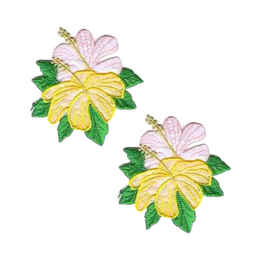 Pink and Yellow Hibiscus Flower (2-Pack) Iron On Patch
