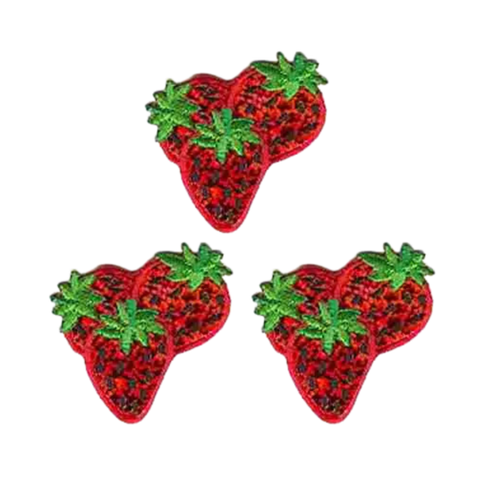 The LaughingLizards Sequined Shimmering Strawberries Fruit Iron On Patch 3-Pack features three dazzling strawberry patches, ideal for DIY crafts or accessories.