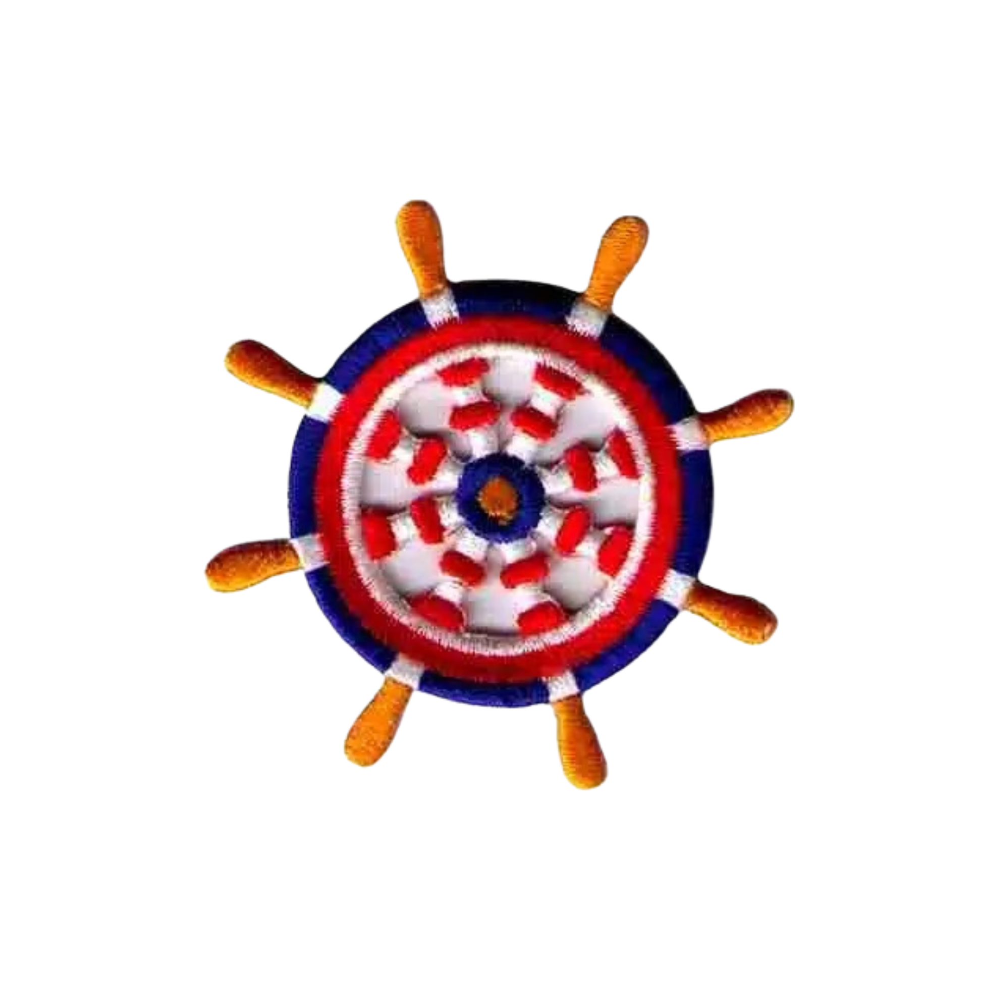 The LaughingLizards Primary Color Ship’s Wheel Nautical Patch Applique (3-Pack) features a circular iron-on patch with red, white, blue details and yellow handles on a white background.