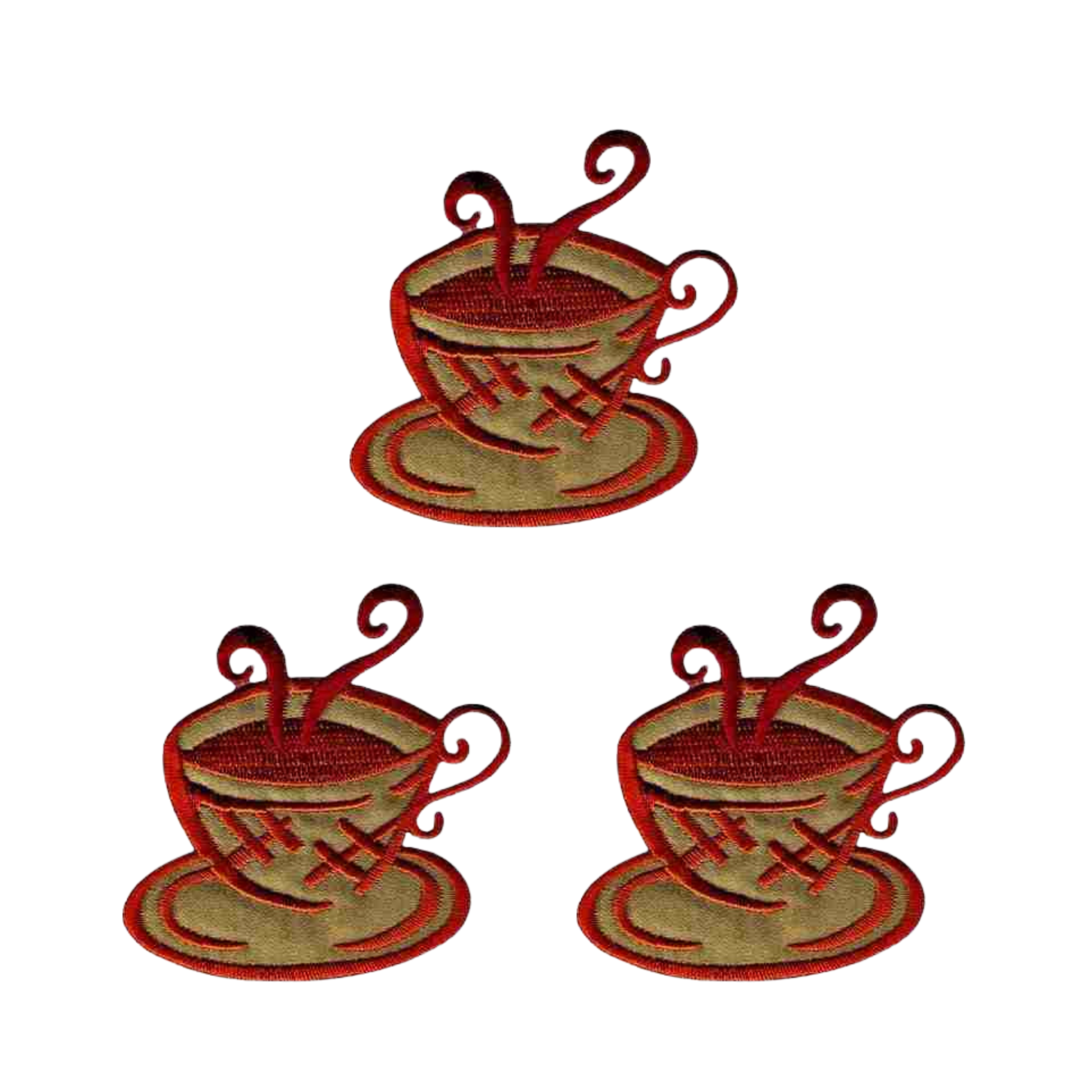 The LaughingLizards Steaming Brown Coffee Cup & Saucer (3-Pack) Iron On Patch features three brown cups with steam on saucers, arranged in a triangle—a charming DIY craft accessory for coffee lovers.