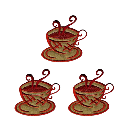 Steaming Brown Coffee Cup & Saucer (3-Pack) Iron On Patch