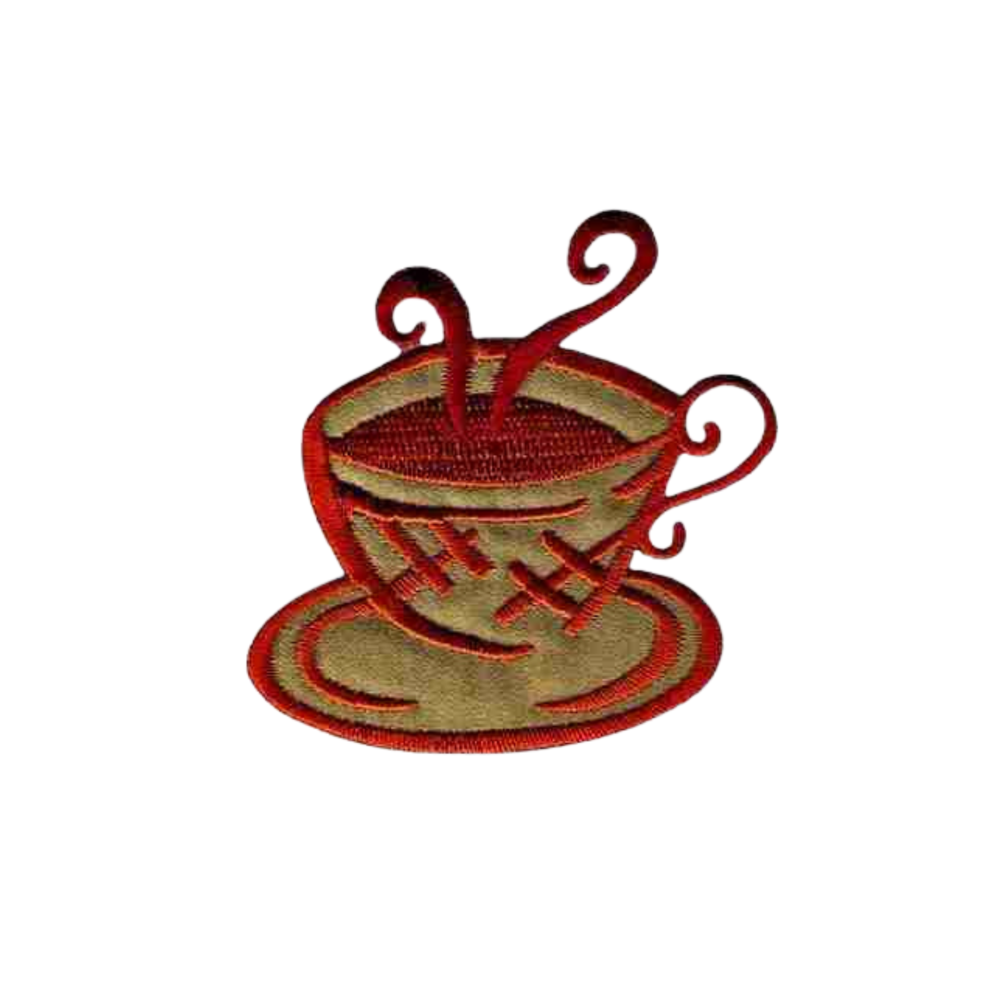 The LaughingLizards Steaming Brown Coffee Cup & Saucer Iron On Patch (3-Pack) features a stylish cup and saucer design, ideal for DIY crafts or as a fun accessory.