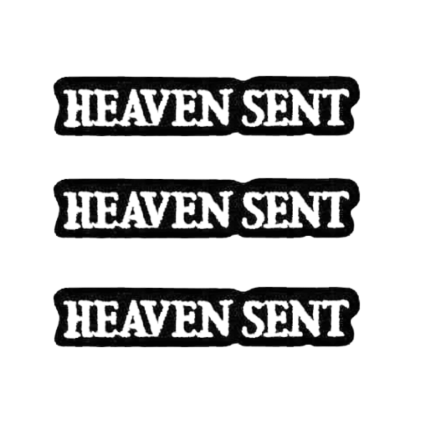 The LaughingLizards HEAVEN SENT Namedrop (3-Pack) Iron On Patch features three black and white patches with bold, vertical "HEAVEN SENT" text—ideal for adding a unique touch to your DIY accessories.