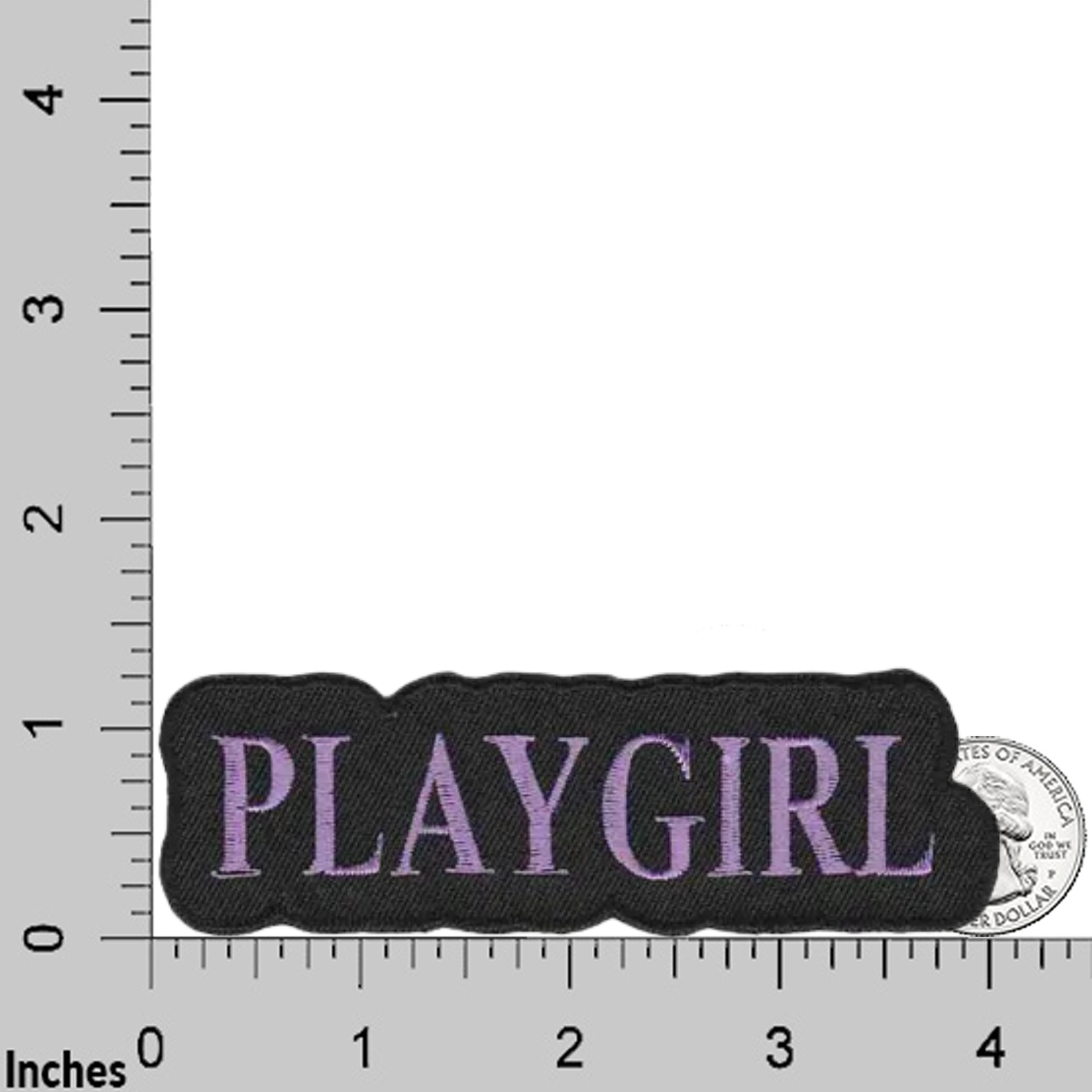 The LaughingLizards PLAYGIRL (2-Pack) Iron On Patch features black embroidered patches with "PLAYGIRL" in purple, each about 4 inches wide—great for DIY projects or personalizing your gear.